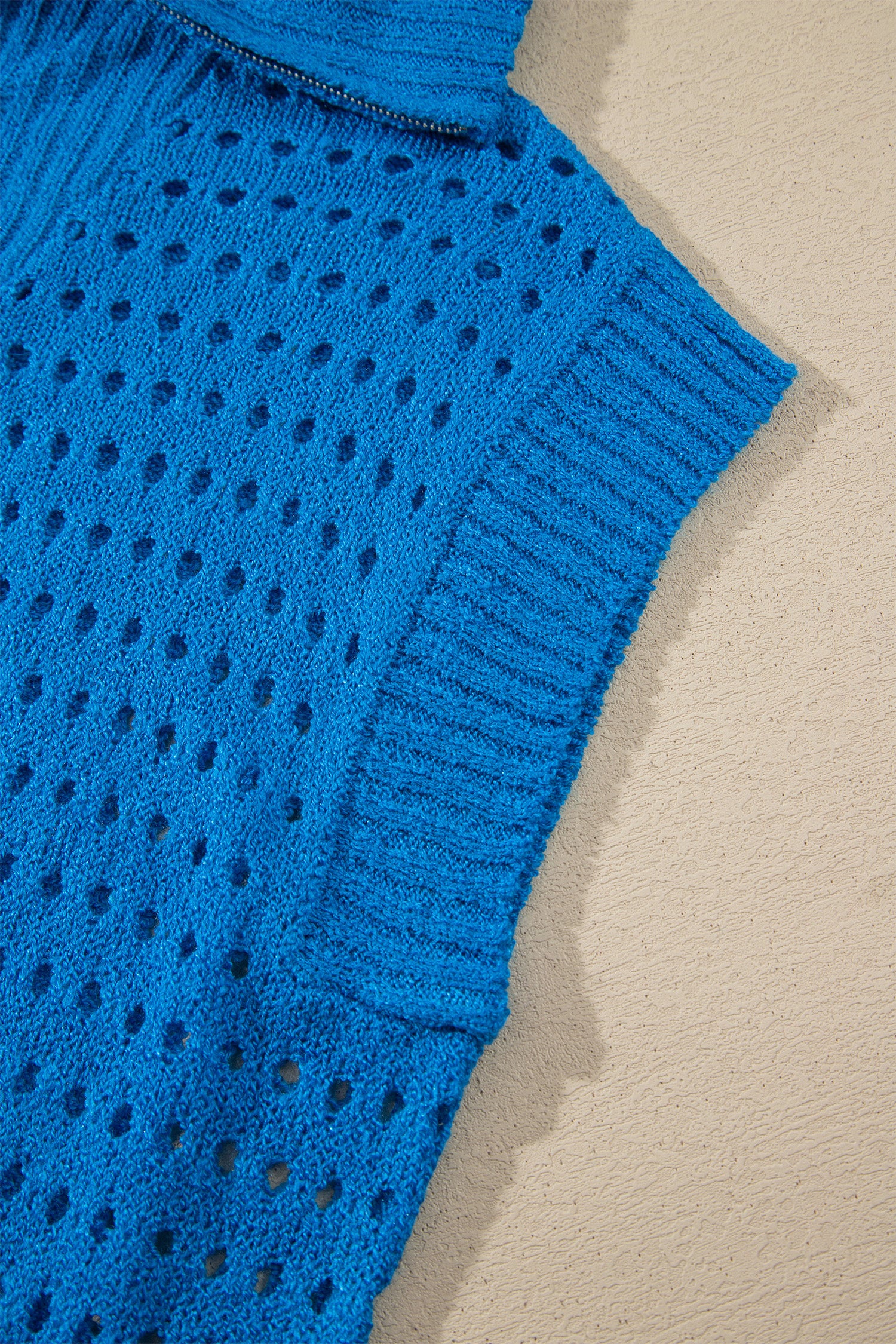 Sky Blue Solid Color Hollowed Knit Short Sleeve Zipper Collar Knitwear Top-Sweaters & Cardigans/Short Sleeve Sweaters-[Adult]-[Female]-2022 Online Blue Zone Planet