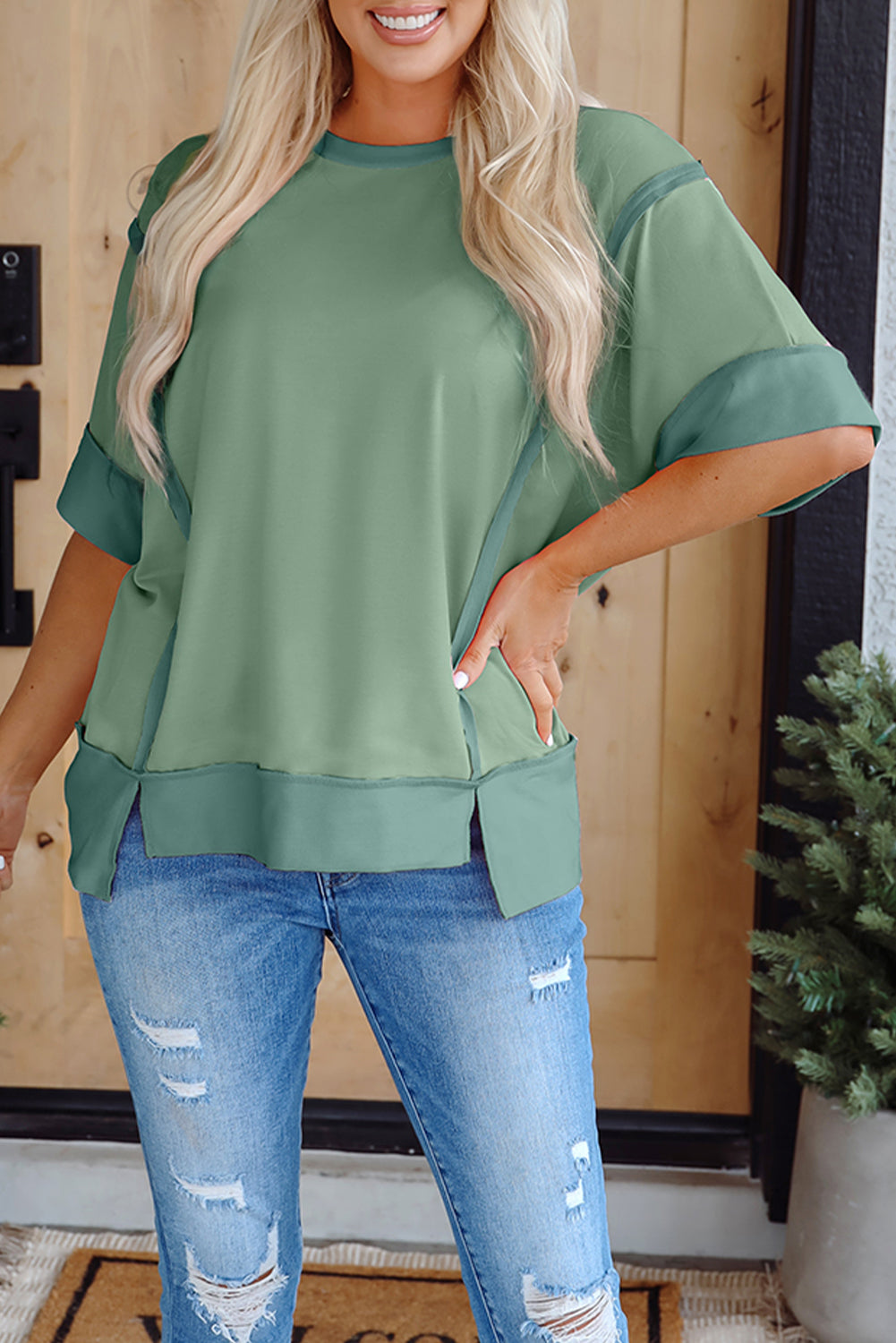 Smoke Green Half Sleeve Raw Seam High Low Side Split Top-Tops/Tops & Tees-[Adult]-[Female]-2022 Online Blue Zone Planet