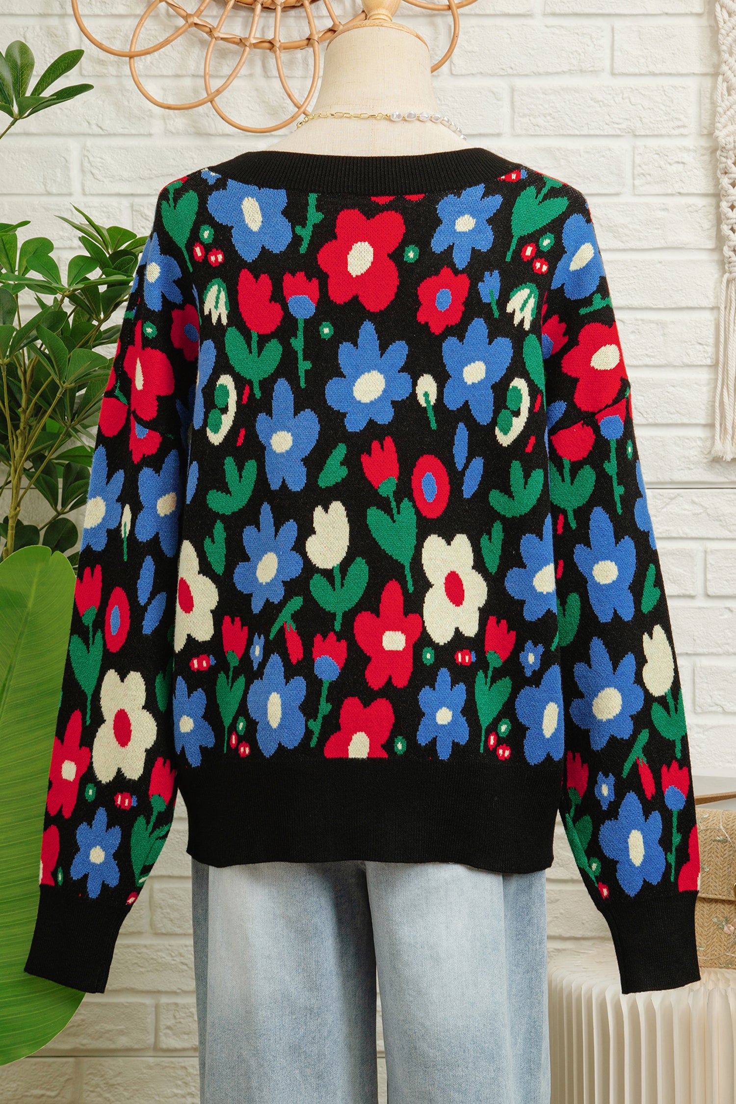 Black Floral Print V Neck Buttoned Short Cardigan Sweater-TOPS / DRESSES-[Adult]-[Female]-2022 Online Blue Zone Planet