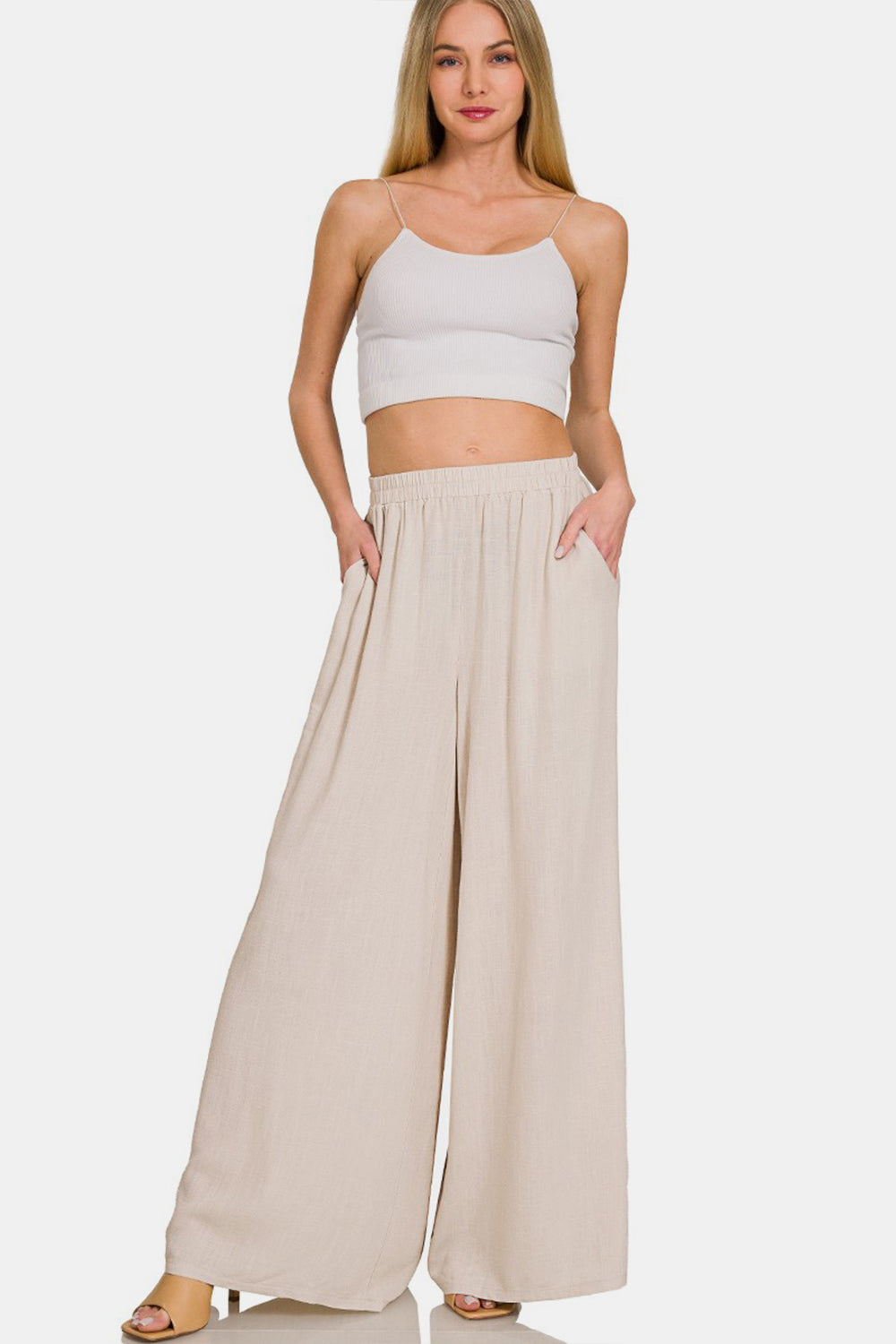 Zenana Pleated Linen Blend Wide Leg Pants-BOTTOMS SIZES SMALL MEDIUM LARGE-[Adult]-[Female]-2022 Online Blue Zone Planet