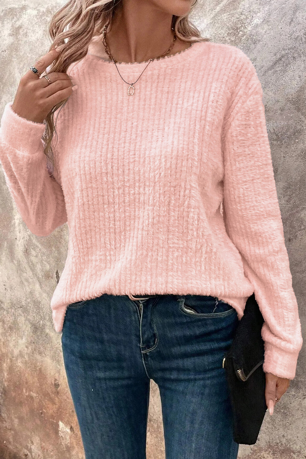 Light Pink Fuzzy Ribbed Texture Round Neck Long Sleeve Top-Tops/Long Sleeve Tops-[Adult]-[Female]-2022 Online Blue Zone Planet