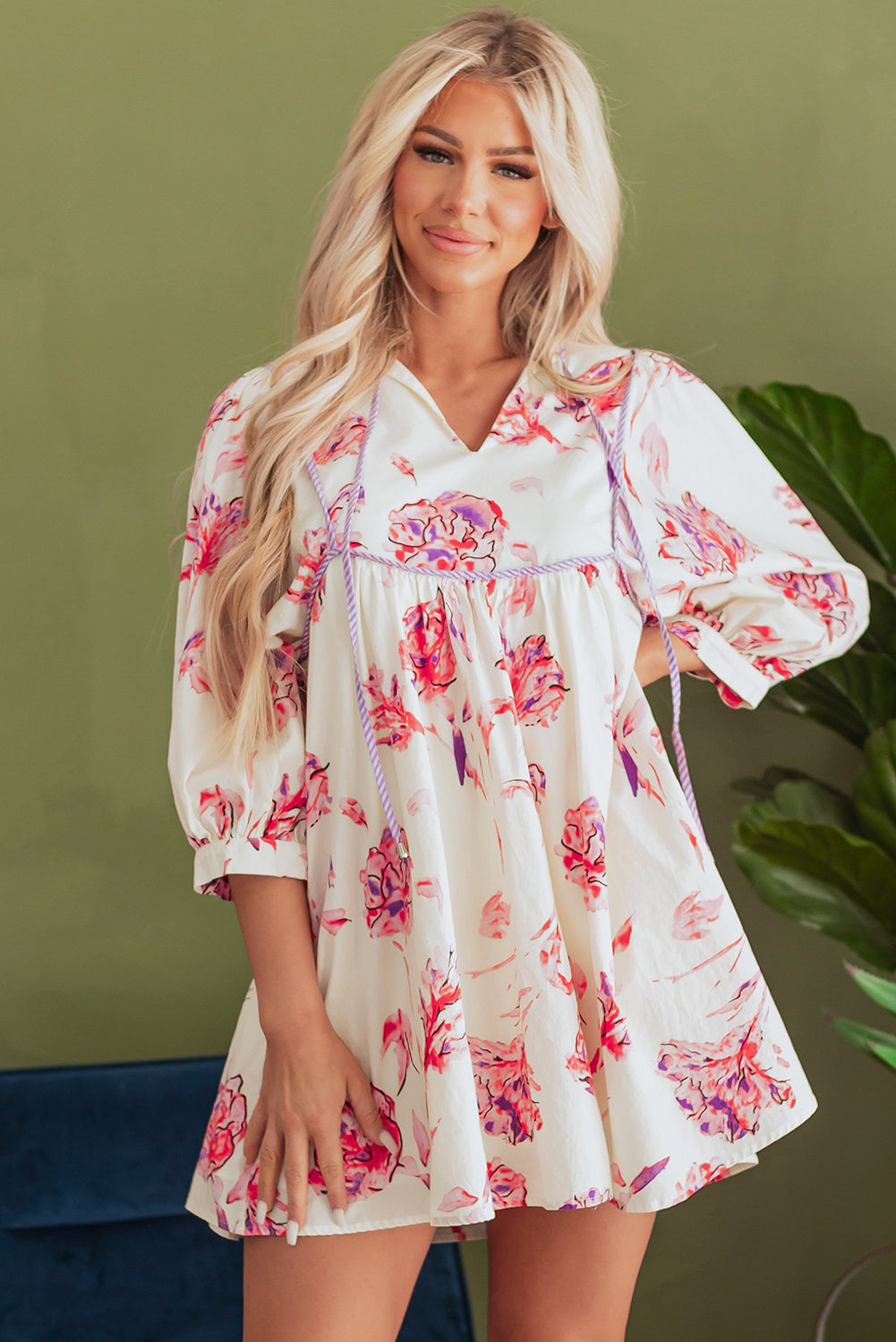 Blue Zone Planet | Pink Floral Print Balloon Sleeve V Neck Babydoll Mini Dress-TOPS / DRESSES-[Adult]-[Female]-2022 Online Blue Zone Planet