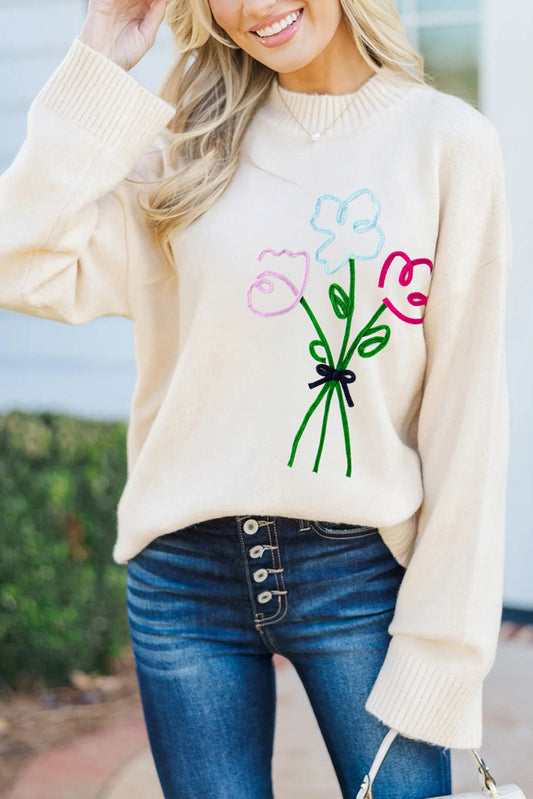 White Embroidered Flower Bouquet Ribbed Trim Loose Sweater-TOPS / DRESSES-[Adult]-[Female]-White-S-2022 Online Blue Zone Planet