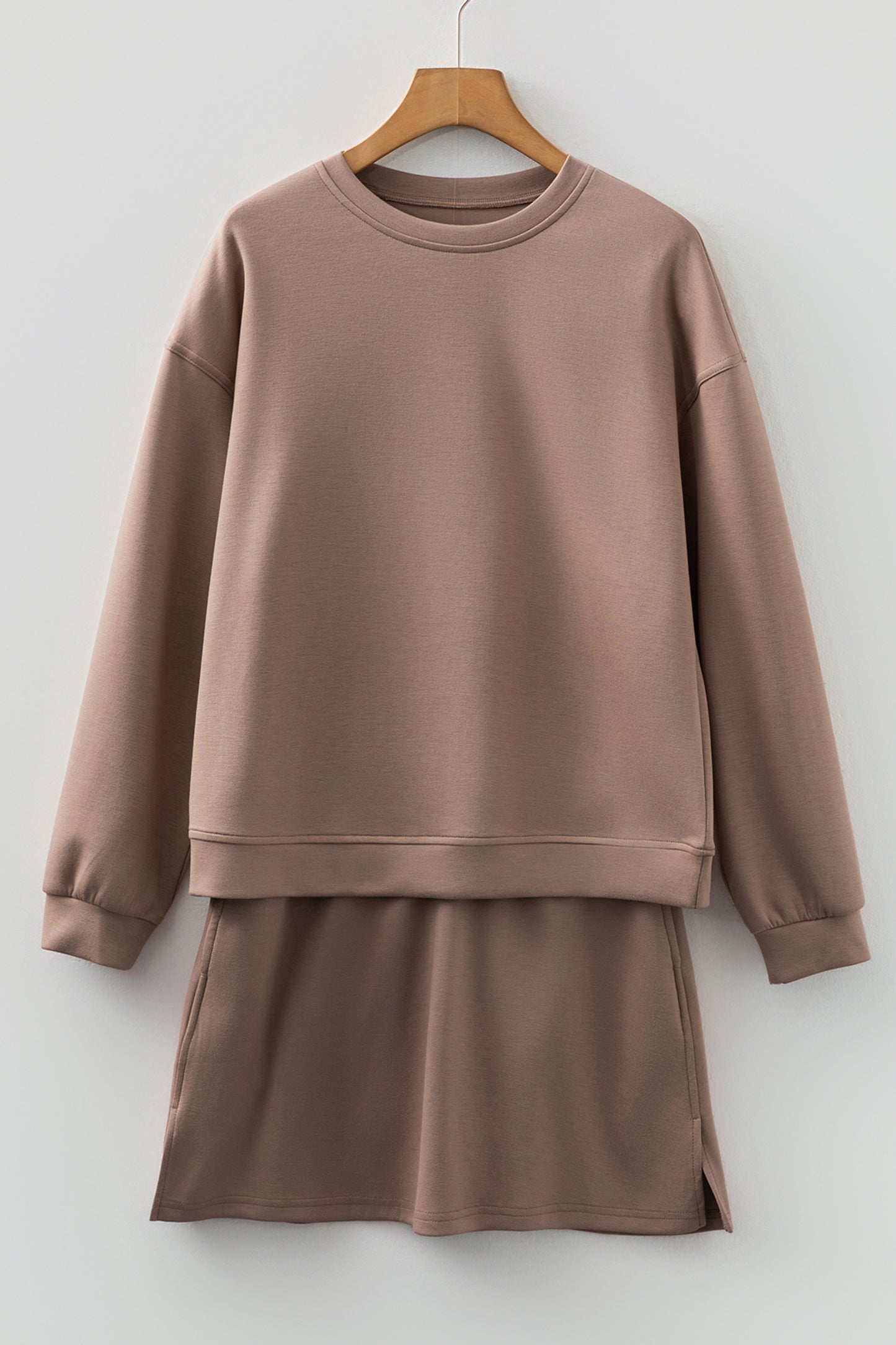 Coffee Solid Color Drop Shoulder Pullover Drawstring Mini Skirt 2pcs Outfit-Two Piece Sets/Two Piece Dresses-[Adult]-[Female]-2022 Online Blue Zone Planet