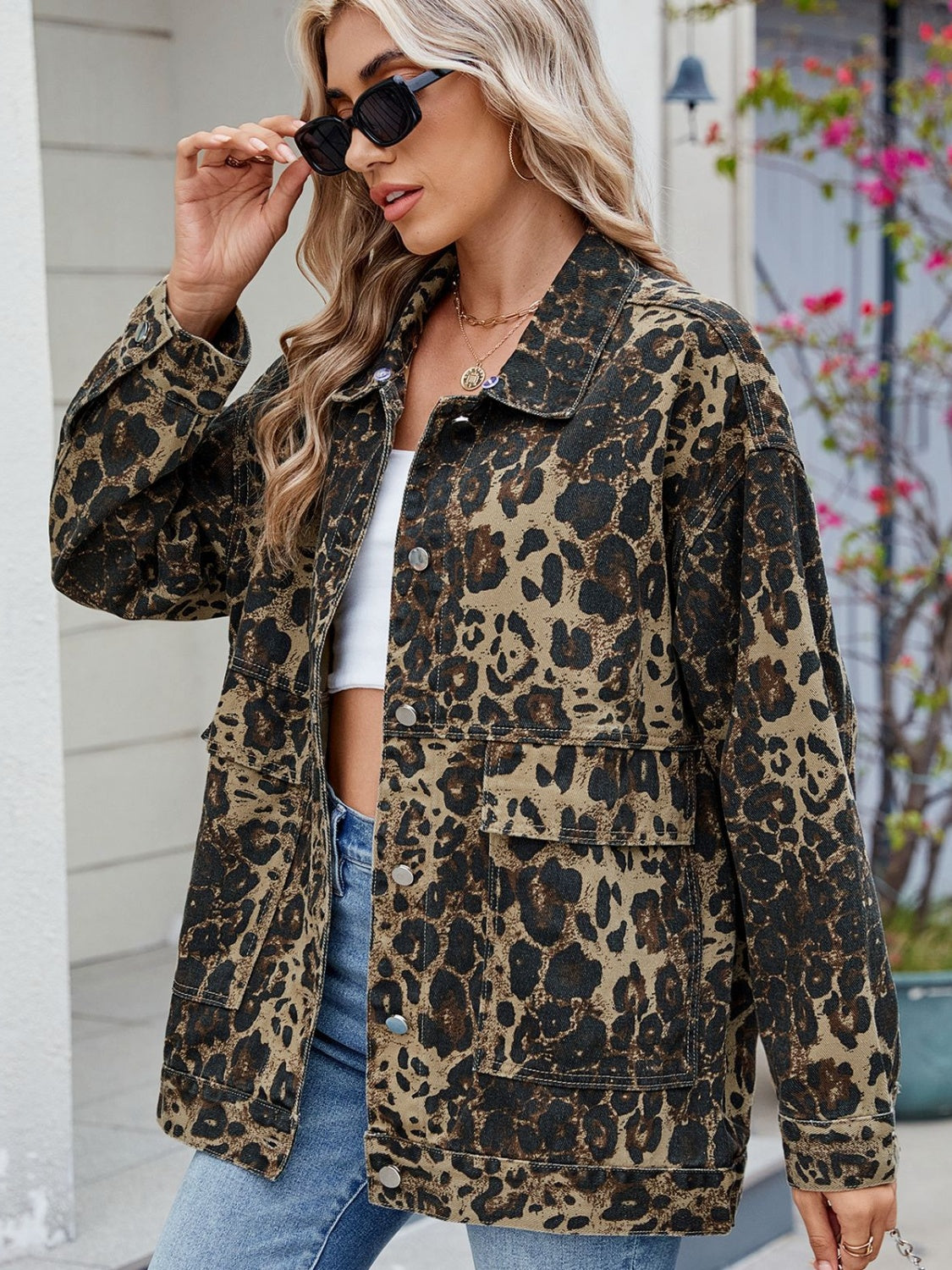 Leopard Button Up Drop Shoulder Denim Jacket-TOPS / DRESSES-[Adult]-[Female]-2022 Online Blue Zone Planet