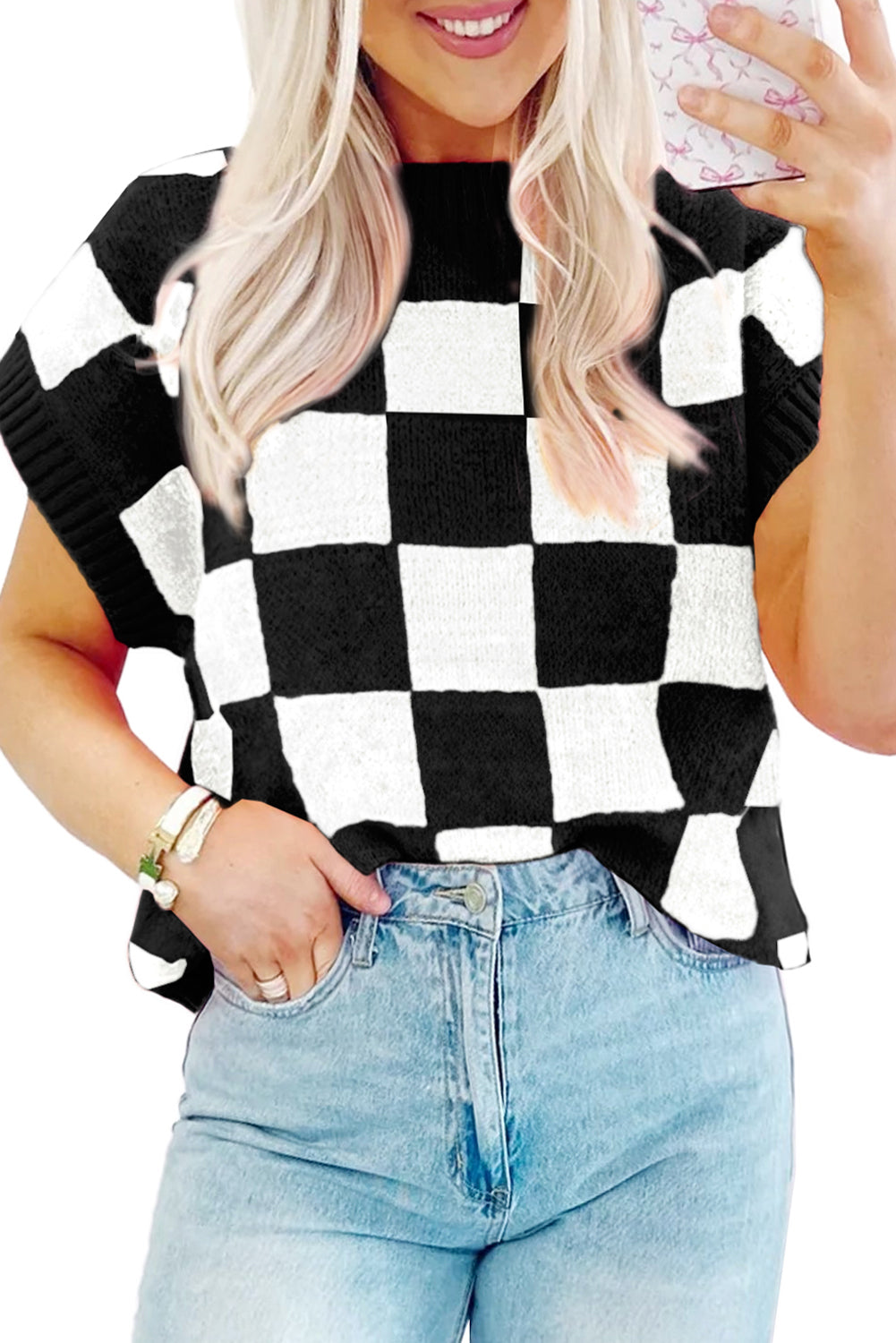 Color black Colorblock Plaid Pattern Ribbed Trim Sweater Tank Top-Sweaters & Cardigans/Sweater Vests-[Adult]-[Female]-2022 Online Blue Zone Planet