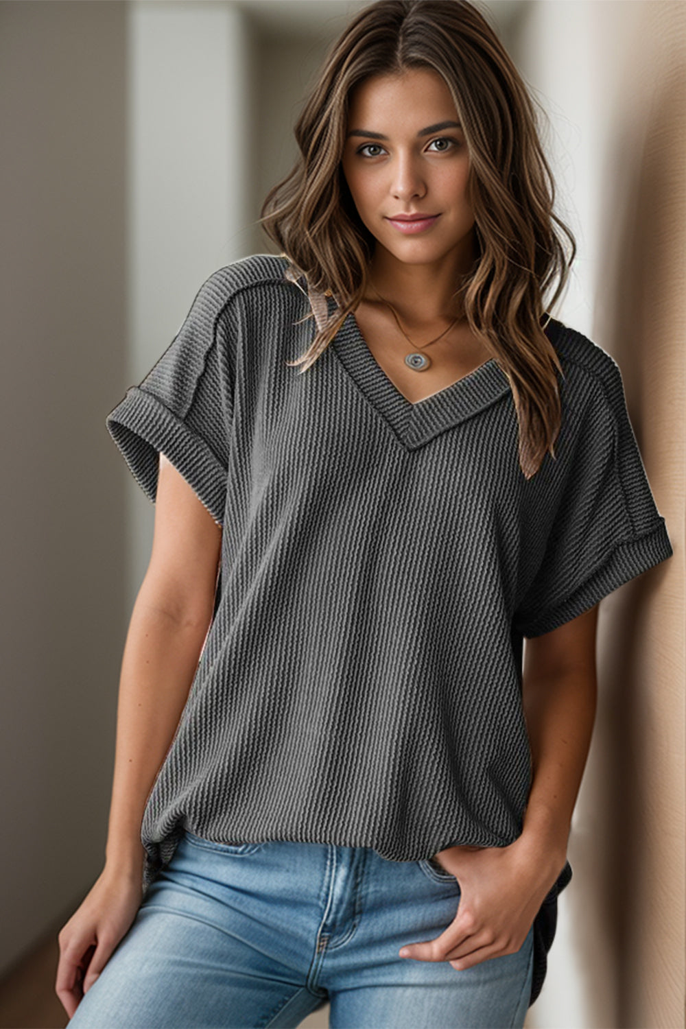 Textured V-Neck Short Sleeve Top-TOPS / DRESSES-[Adult]-[Female]-2022 Online Blue Zone Planet