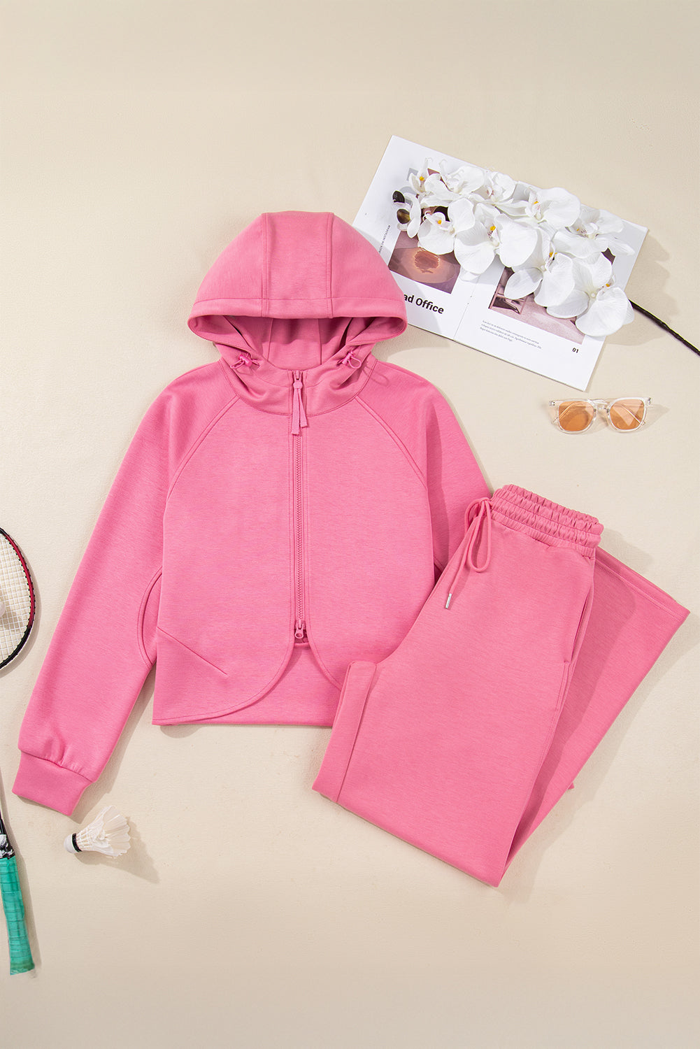 Pink Solid Color Zip Up Hoodie Drawstring Loose Pants Set-Tops / Dresses-[Adult]-[Female]-2022 Online Blue Zone Planet
