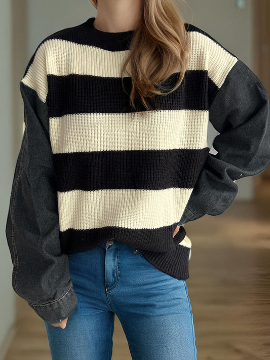 Contrast Round Neck Long Sleeve Sweater