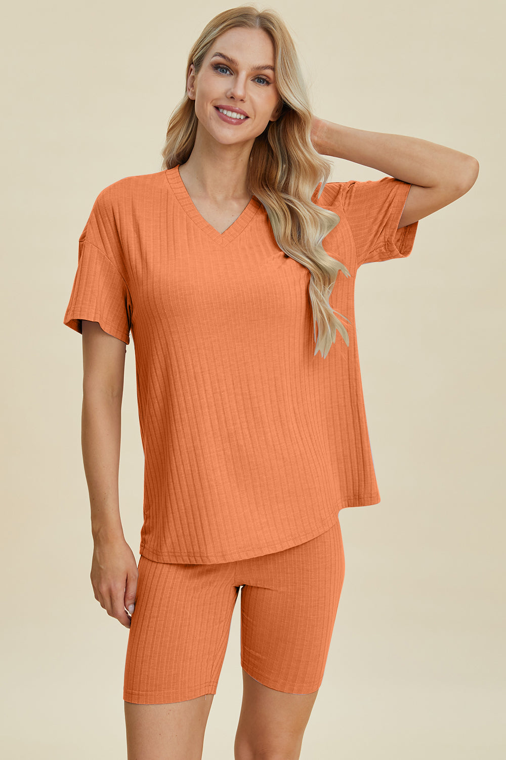 Basic Bae Full Size Ribbed V-Neck Short Sleeve Top and Shorts Set-TOPS / DRESSES-[Adult]-[Female]-Tangerine-S-2022 Online Blue Zone Planet