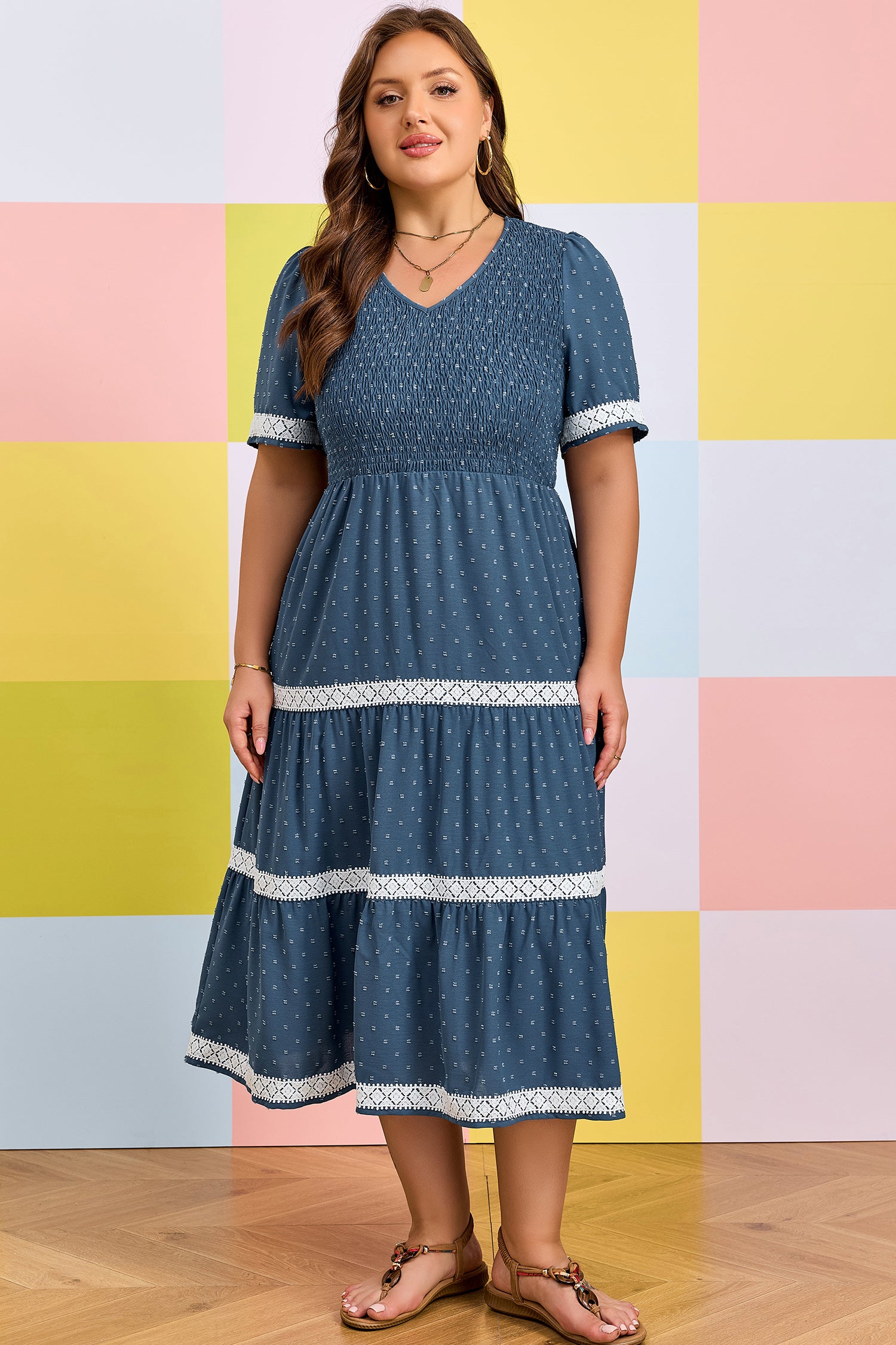 Dusk Blue Plus Size V Neck Swiss Dot Lace Patchwork Detail Flared Midi Dress-Plus Size/Plus Size Dresses/Plus Size Midi Dresses-[Adult]-[Female]-2022 Online Blue Zone Planet