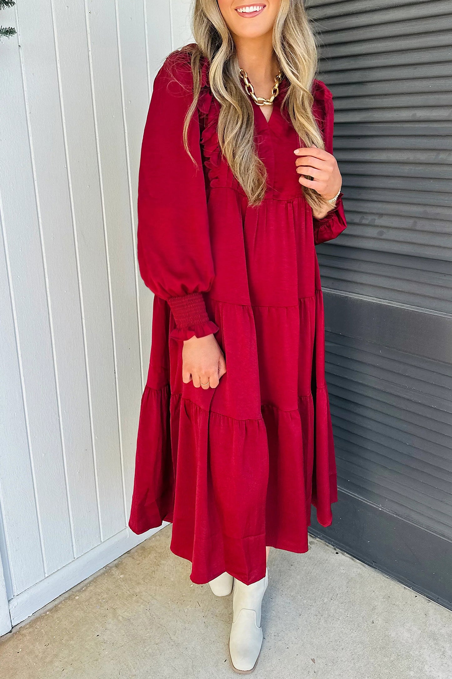 Racing Red Solid Color Ruffle Trim Long Sleeve Tiered Shift Midi Dress-Dresses/Midi Dresses-[Adult]-[Female]-2022 Online Blue Zone Planet