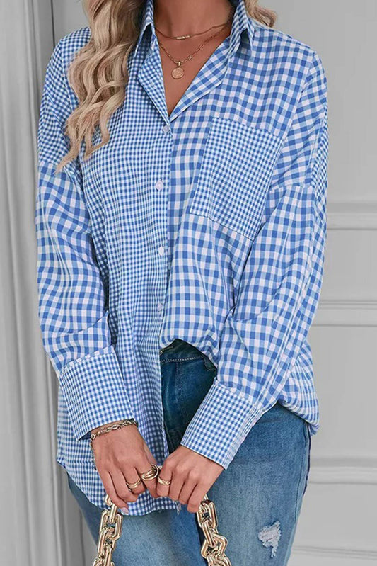 Sky Blue Stripe Plaid Patchwork Button up Long Sleeve Shirt-Tops/Blouses & Shirts-[Adult]-[Female]-Sky Blue Stripe-S-2022 Online Blue Zone Planet