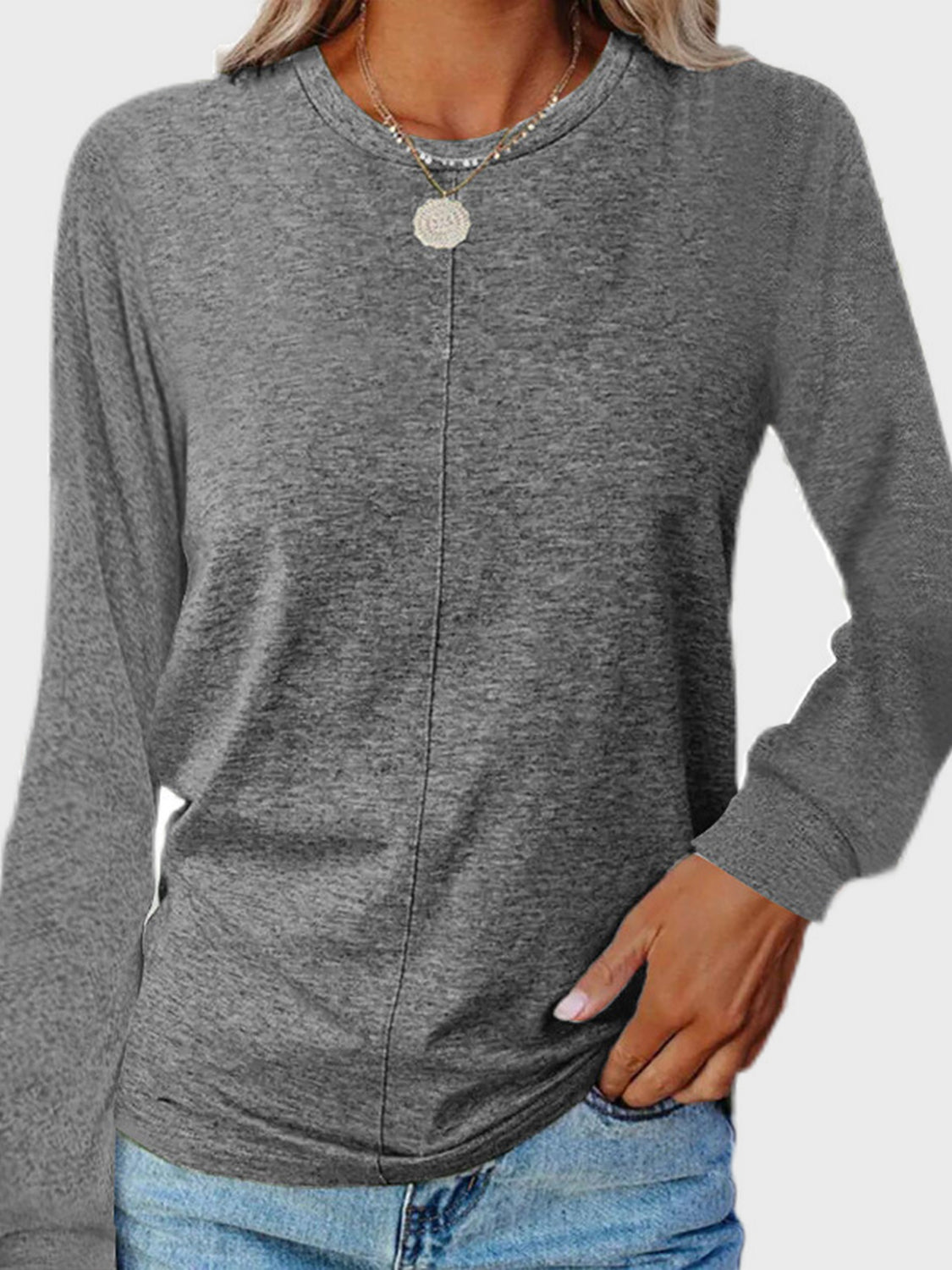 Full Size Round Neck Long Sleeve T-Shirt-TOPS / DRESSES-[Adult]-[Female]-Dark Gray-S-2022 Online Blue Zone Planet