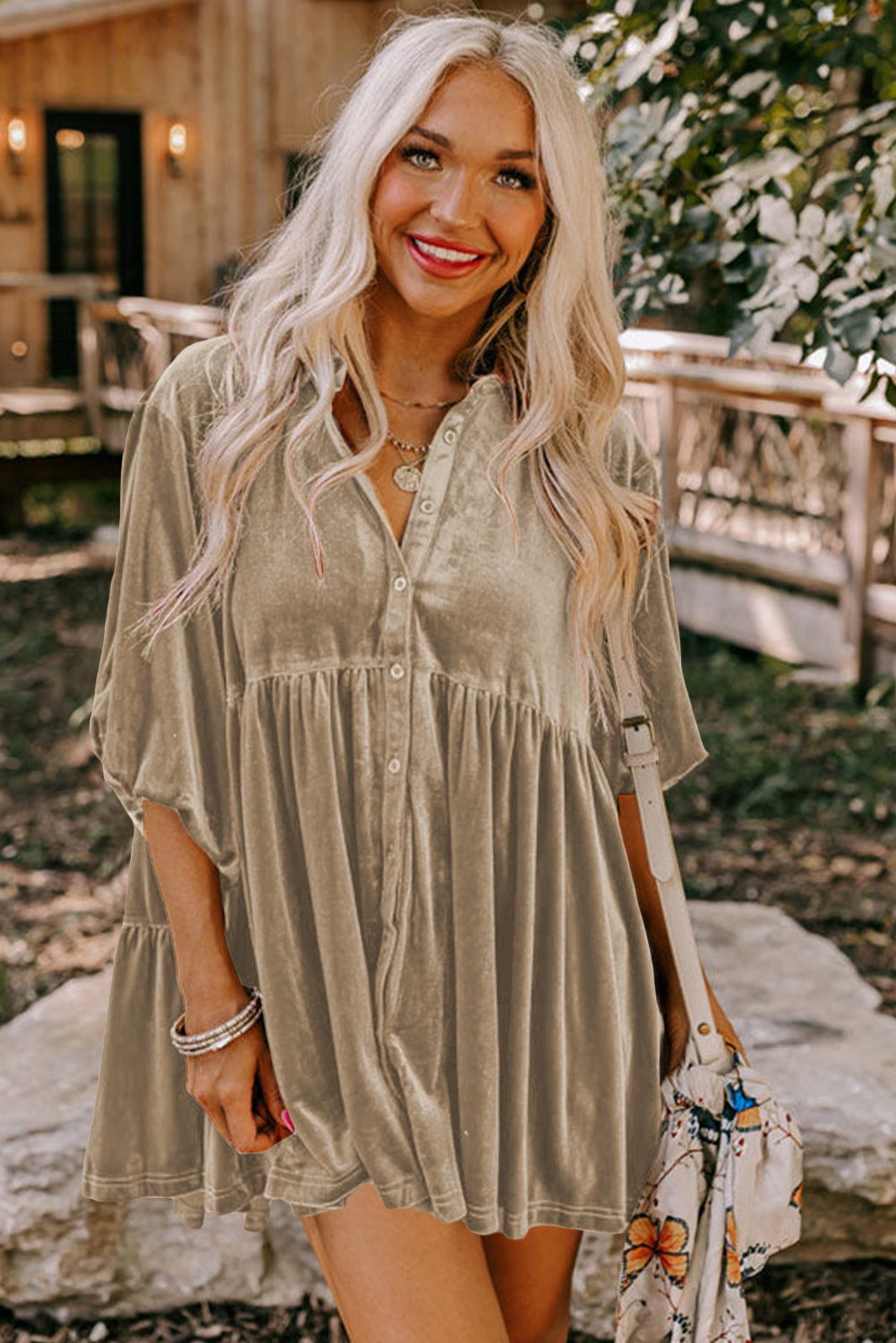 Dark Grey 3/4 Sleeve Tunic Babydoll Velvet Shirt-Tops/Blouses & Shirts-[Adult]-[Female]-2022 Online Blue Zone Planet
