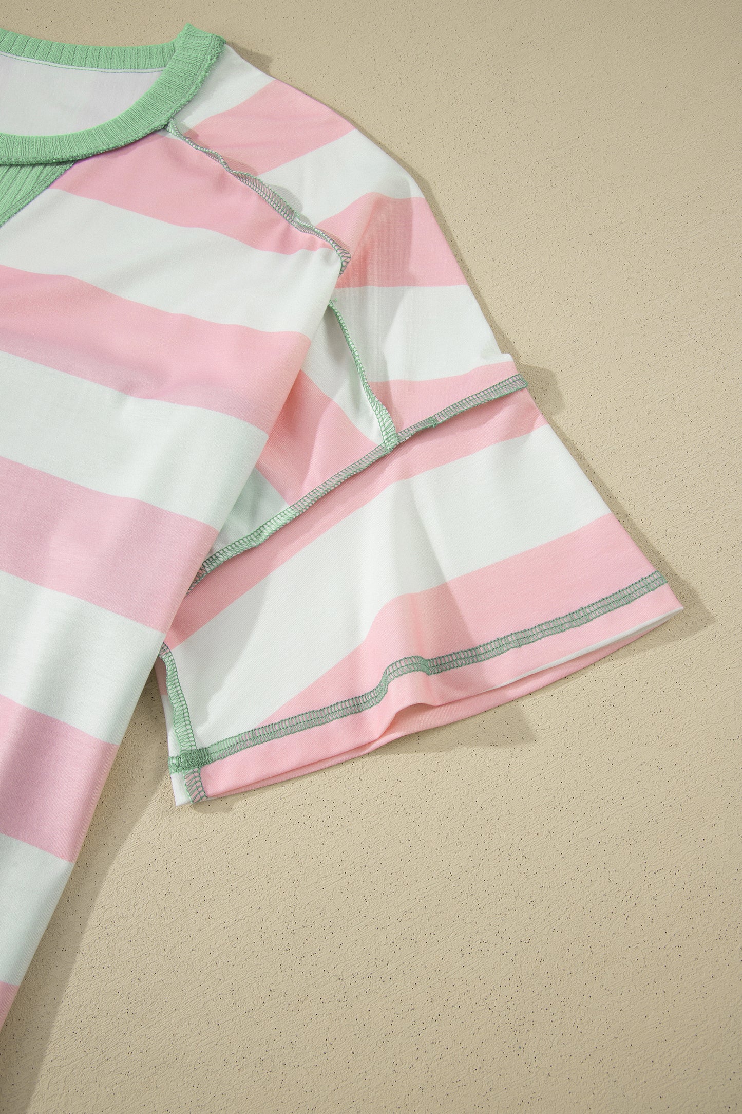 Pink Stripe Exposed Seam Ribbed Patchwork Oversized Tee-Tops/Tops & Tees-[Adult]-[Female]-2022 Online Blue Zone Planet