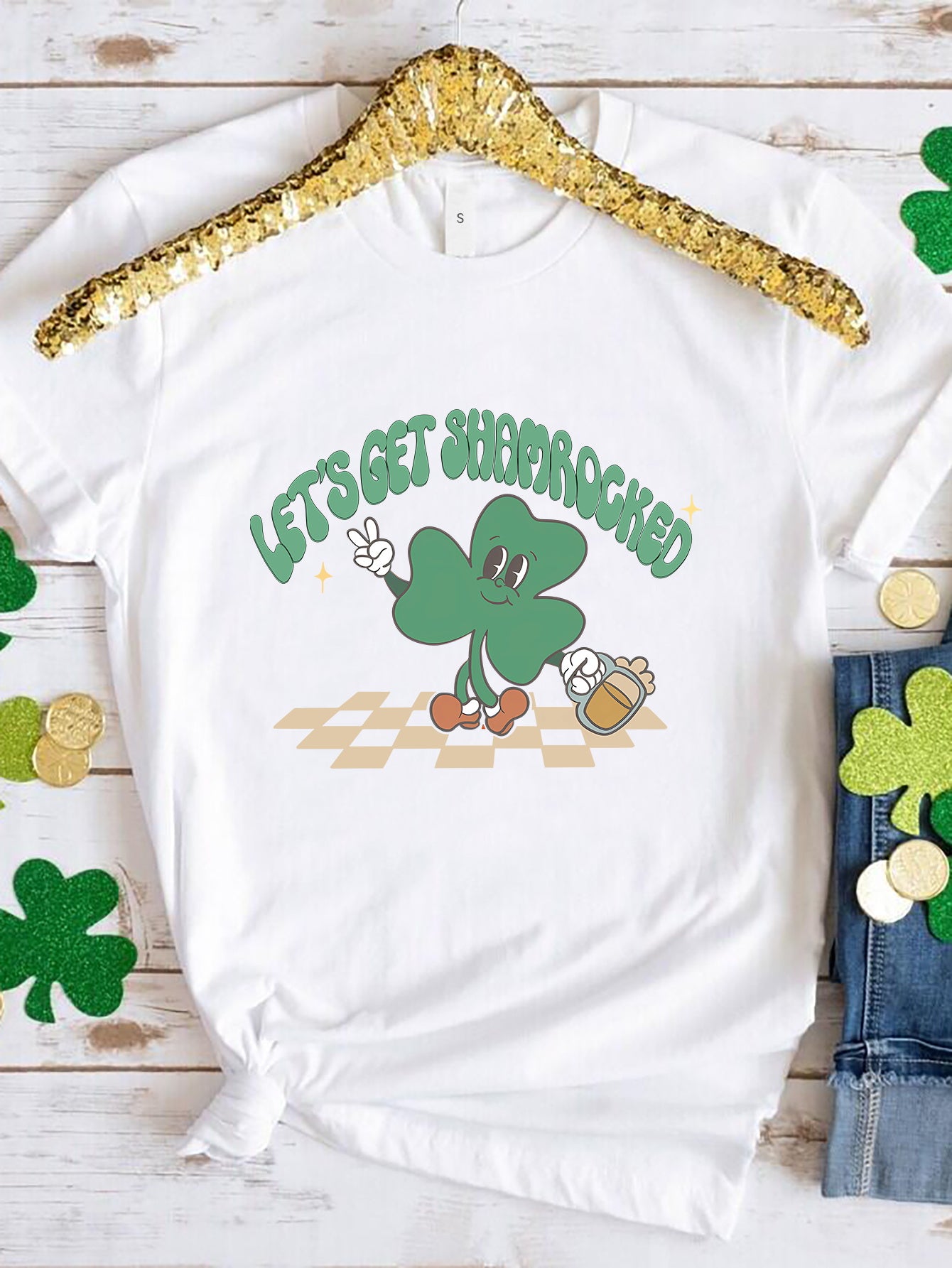 LET'S GET SHAMROCKED Round Neck T-Shirt-TOPS / DRESSES-[Adult]-[Female]-White-S-2022 Online Blue Zone Planet