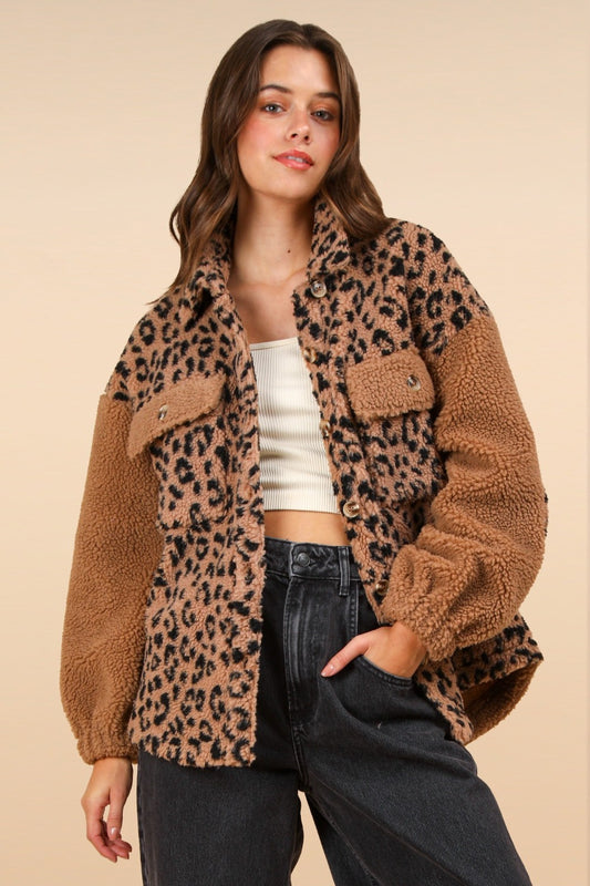 Blue Zone Planet | VERY J Fuzzy Leopard Button Down Long Sleeve Jacket-TOPS / DRESSES-[Adult]-[Female]-Leopard Camel-S-2022 Online Blue Zone Planet