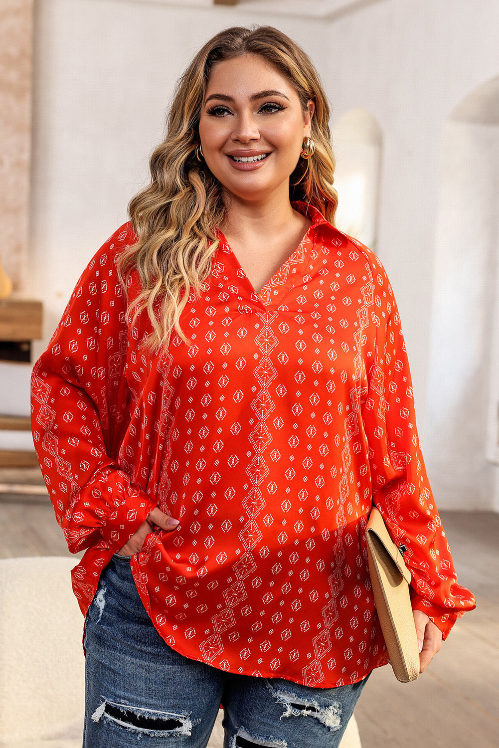 Plus Size Printed Johnny Collar Long Sleeve Blouse-TOPS / DRESSES-[Adult]-[Female]-Caramel-1XL-2022 Online Blue Zone Planet