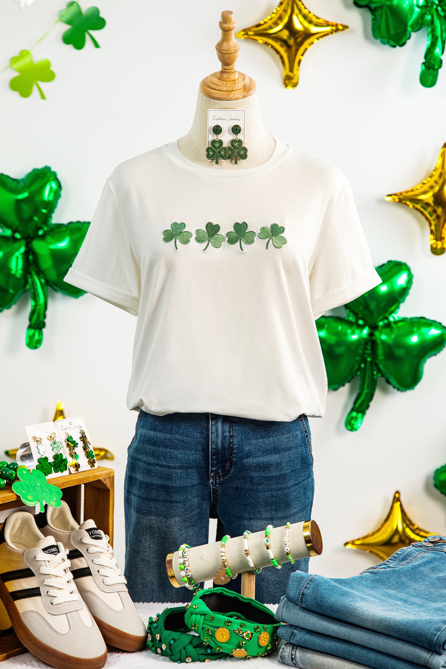 White Embroidered Clover St Patricks Fashion Graphic Tee-Graphic/Graphic Tees-[Adult]-[Female]-2022 Online Blue Zone Planet