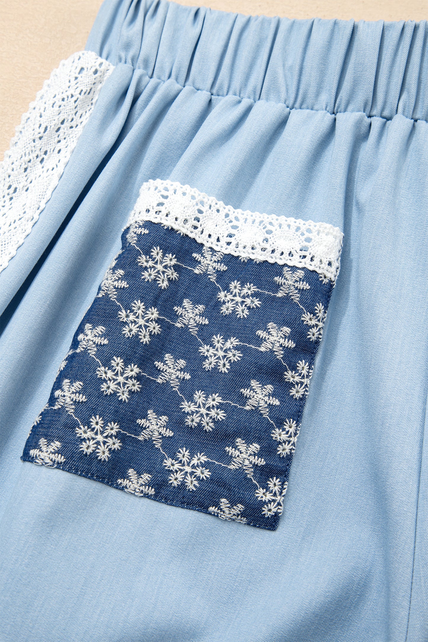 Beau Blue Lace Accent Floral Patched Pocket Pleated Wide Leg Slouchy Pants-Bottoms/Pants & Culotte-[Adult]-[Female]-2022 Online Blue Zone Planet