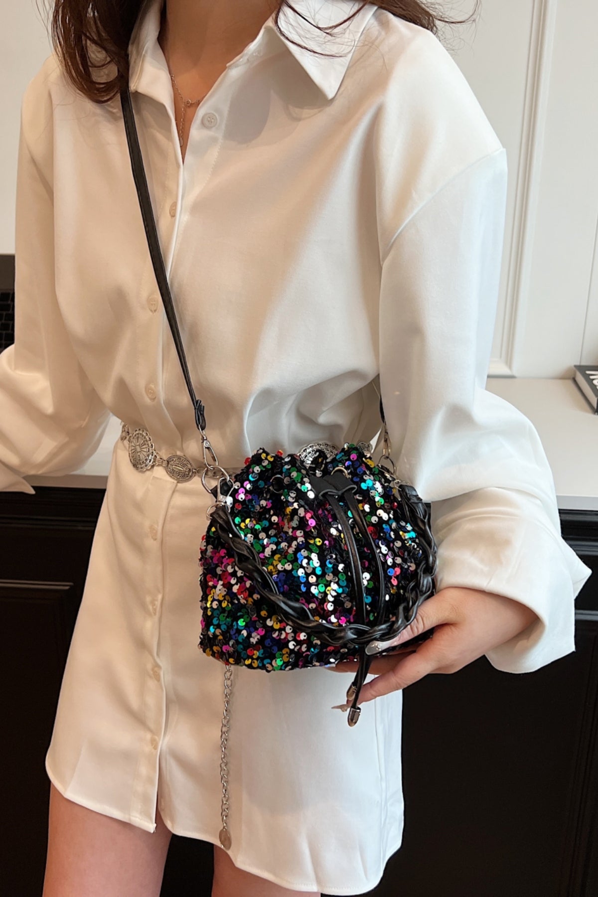 Sequin Drawstring Bucket Bag-HANDBAGS-[Adult]-[Female]-Multicolor-One Size-2022 Online Blue Zone Planet