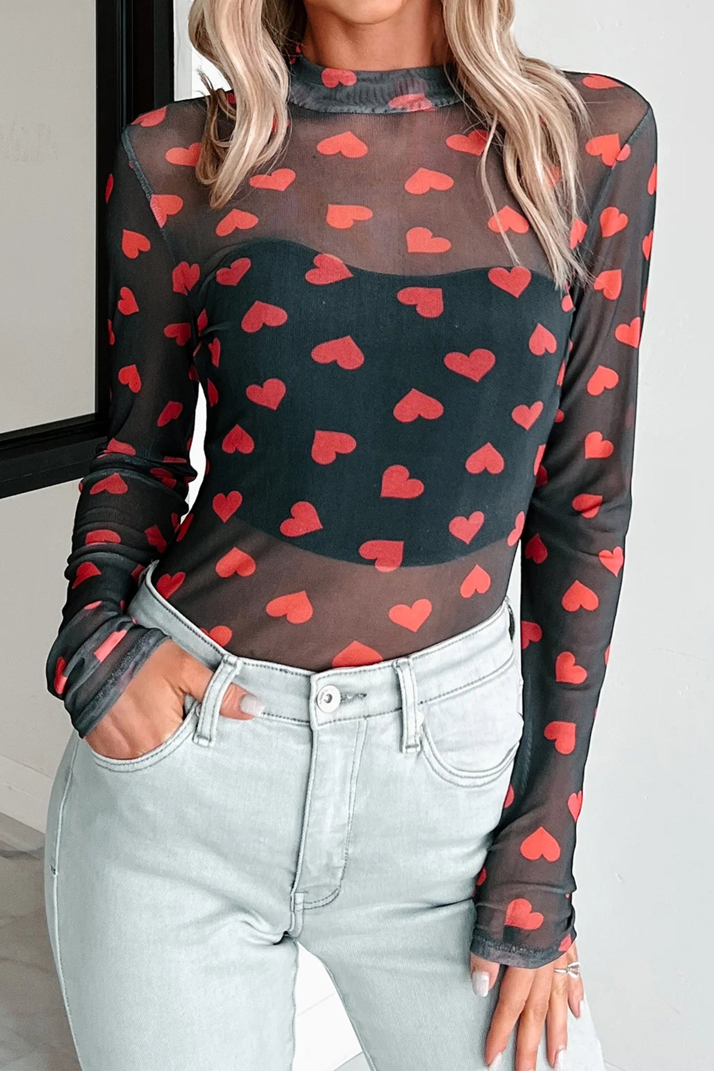 Black Valentines Heart Printed Sheer Mesh Long Sleeve Top