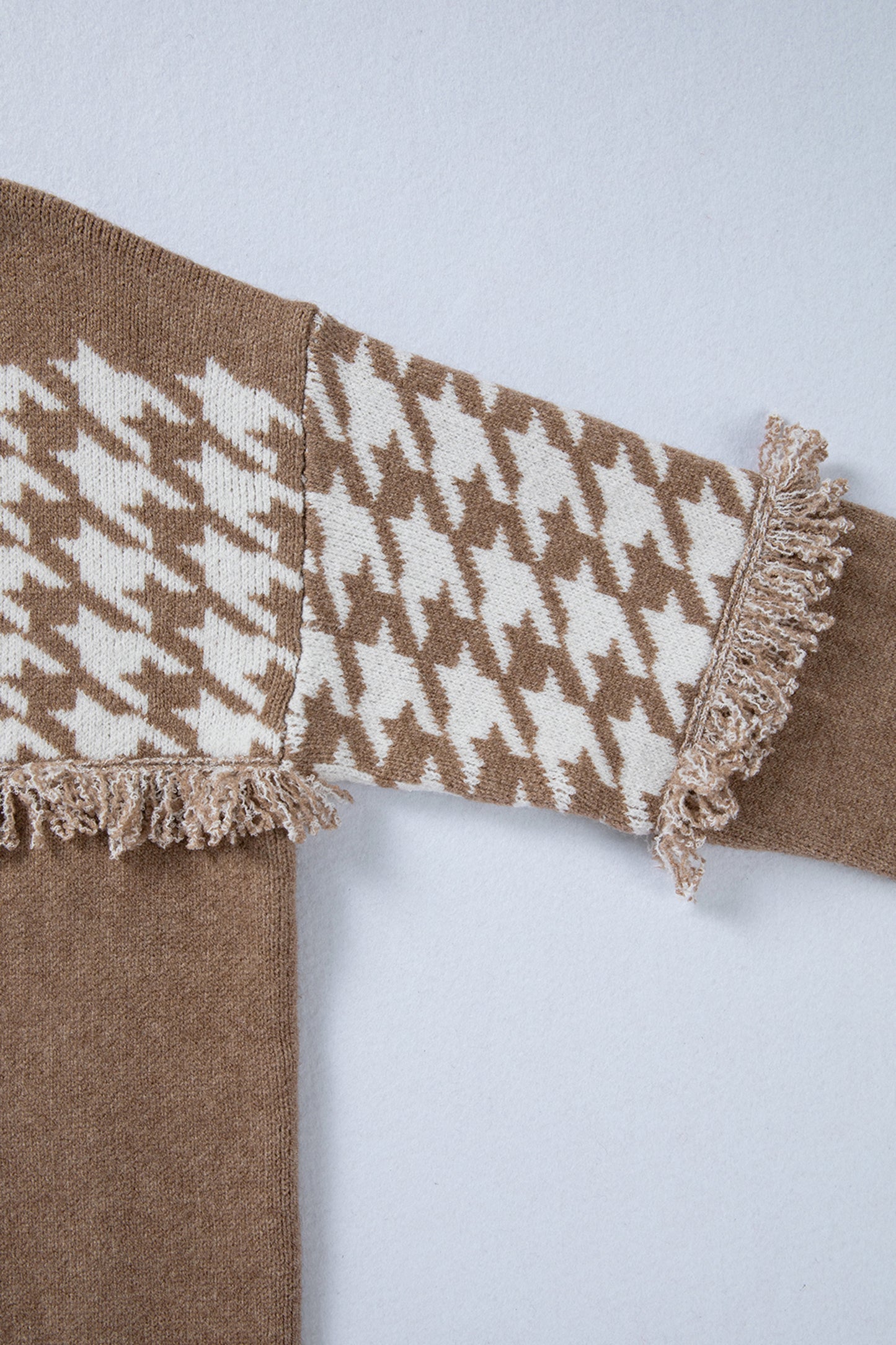 Khaki Houndstooth Color Block V Neck Raw Edge Button Front Cardigan-TOPS / DRESSES-[Adult]-[Female]-2022 Online Blue Zone Planet