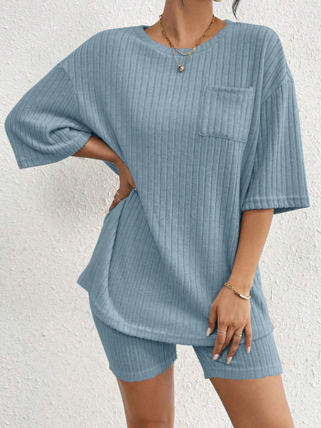 Ribbed Round Neck Top and Shorts Set-TOPS / DRESSES-[Adult]-[Female]-2022 Online Blue Zone Planet