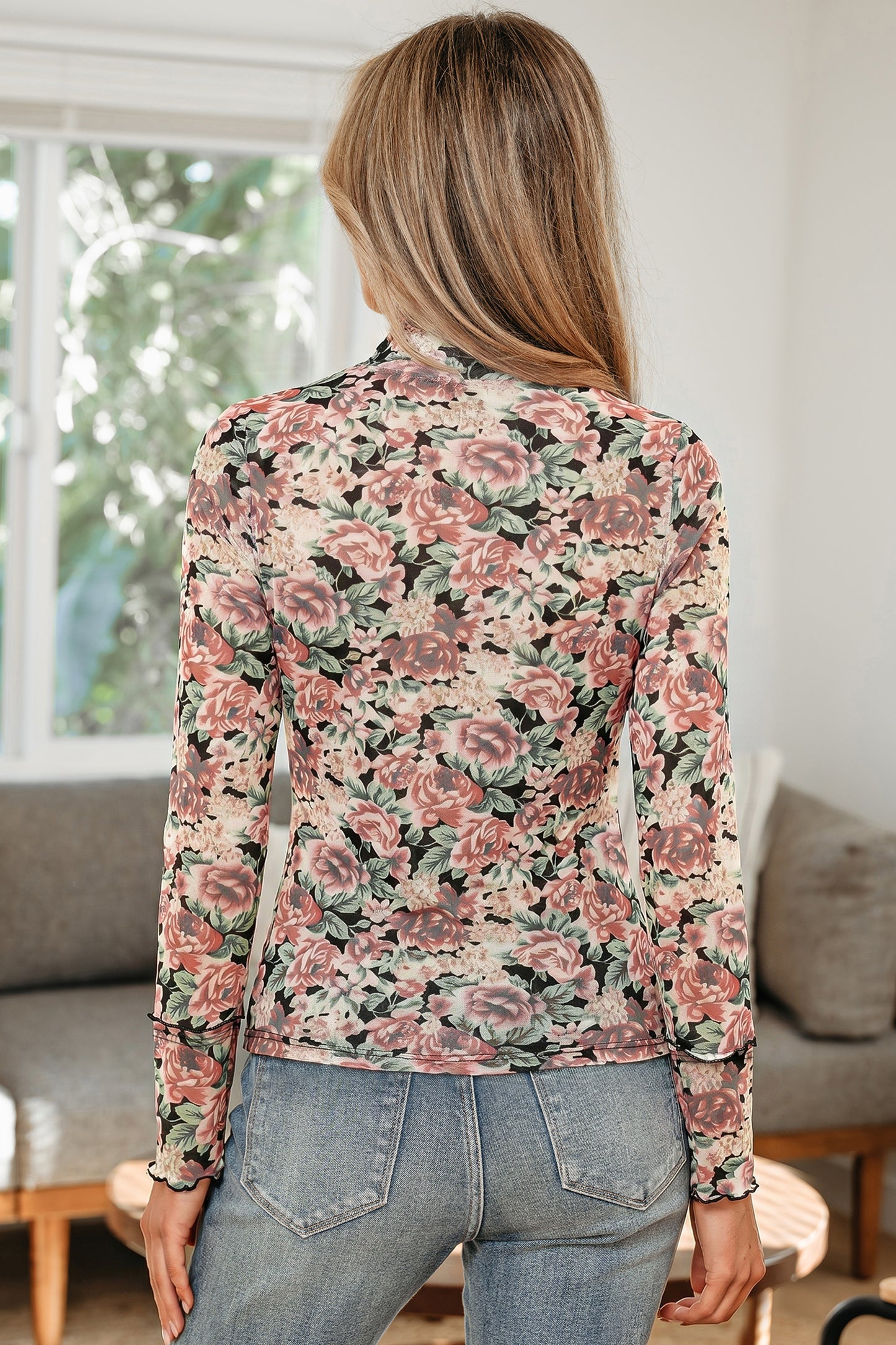 White Retro Floral Print Mock Neck Mesh Long Sleeve Top-Tops/Long Sleeve Tops-[Adult]-[Female]-2022 Online Blue Zone Planet