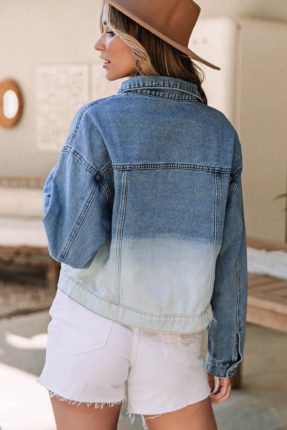 Blue Zone Planet | Sky Blue Contrast Washed Gradient Denim Jacket-Sale (50% OFF)/30% OFF-[Adult]-[Female]-2022 Online Blue Zone Planet