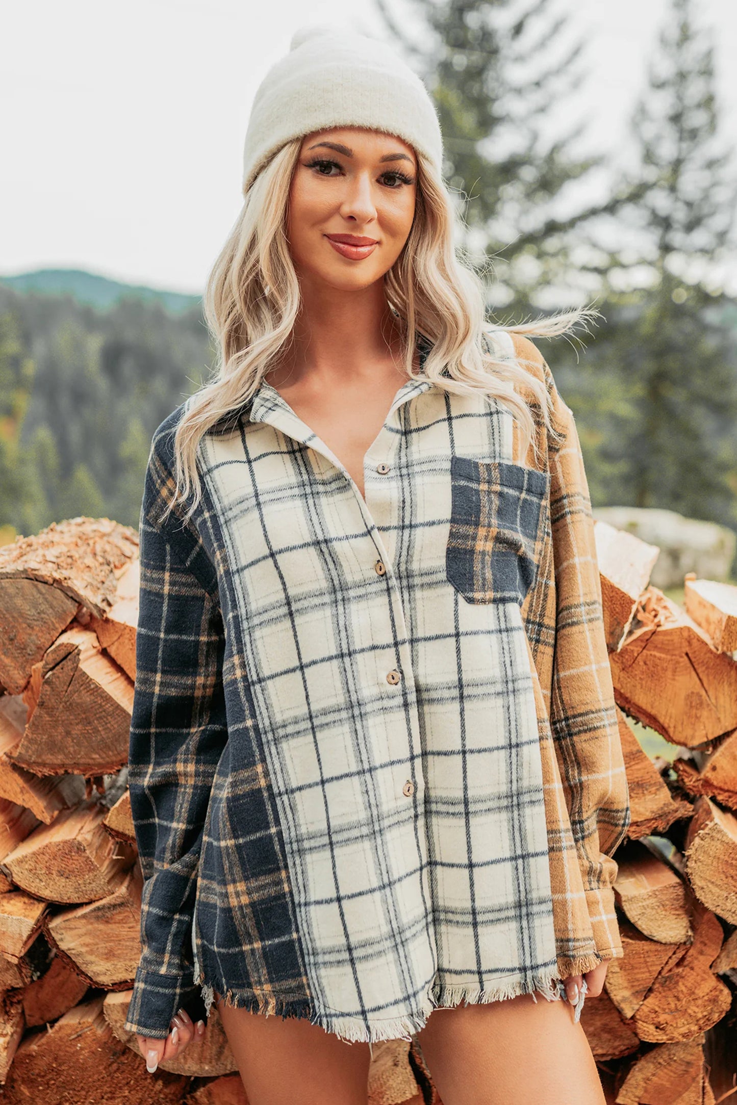 Multicolour Plaid Button-Up Long Sleeve Shift Silhouette Shacket-Outerwear/Plaid Shackets-[Adult]-[Female]-2022 Online Blue Zone Planet
