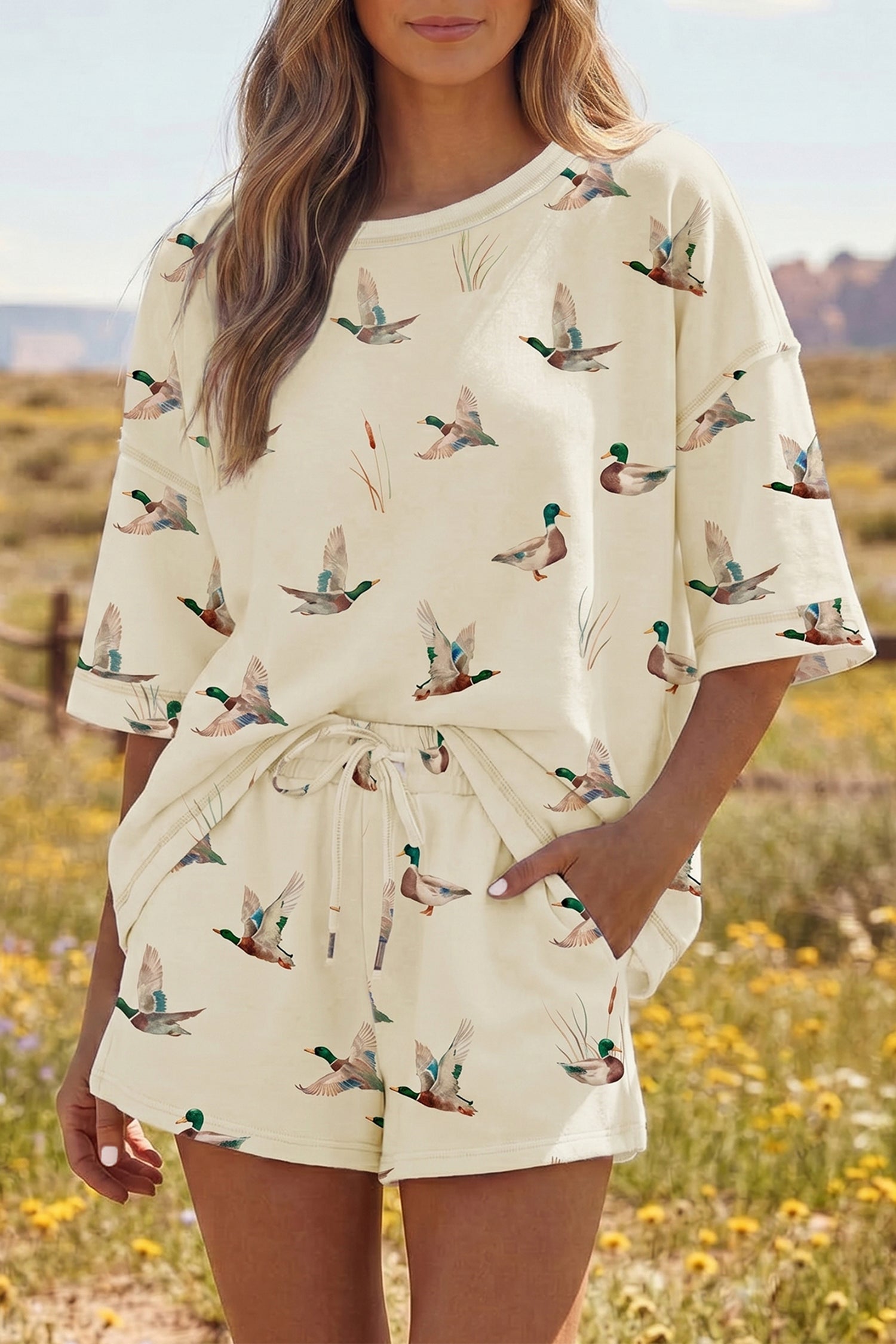 Beige Mallard Duck Print Oversized Tee Drawstring Short Set-Two Piece Sets/Short Sets-[Adult]-[Female]-2022 Online Blue Zone Planet