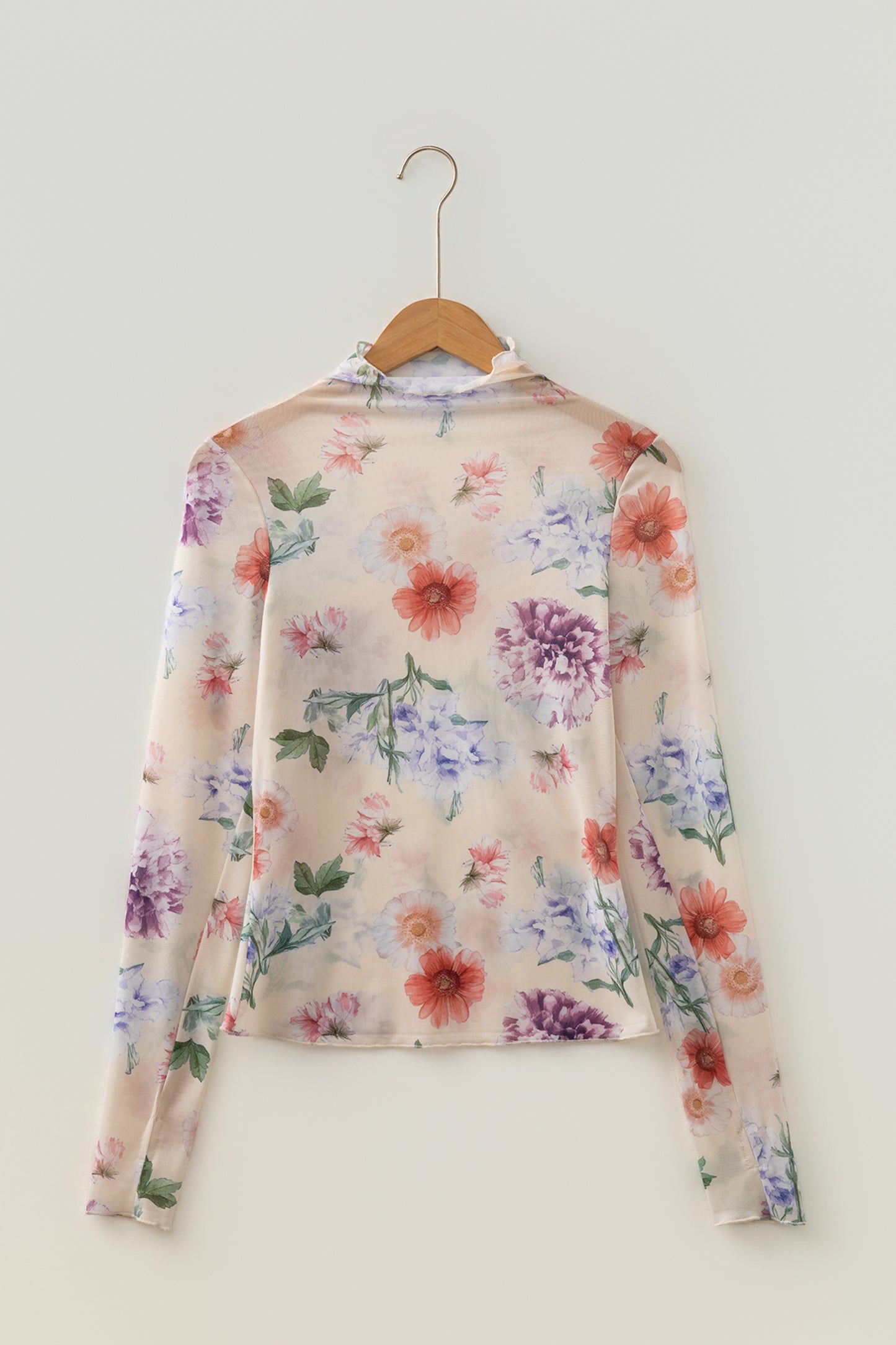 Apricot Floral Print Mock Neck Thumbhole Long Sleeve Top-Tops/Long Sleeve Tops-[Adult]-[Female]-2022 Online Blue Zone Planet
