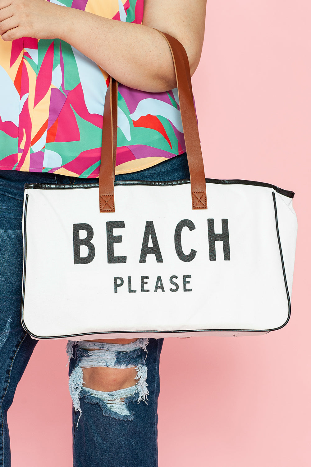 White BEACH PLEASE Print Large Canvas Tote Bag-Shoes & Bags/Handbags-[Adult]-[Female]-2022 Online Blue Zone Planet