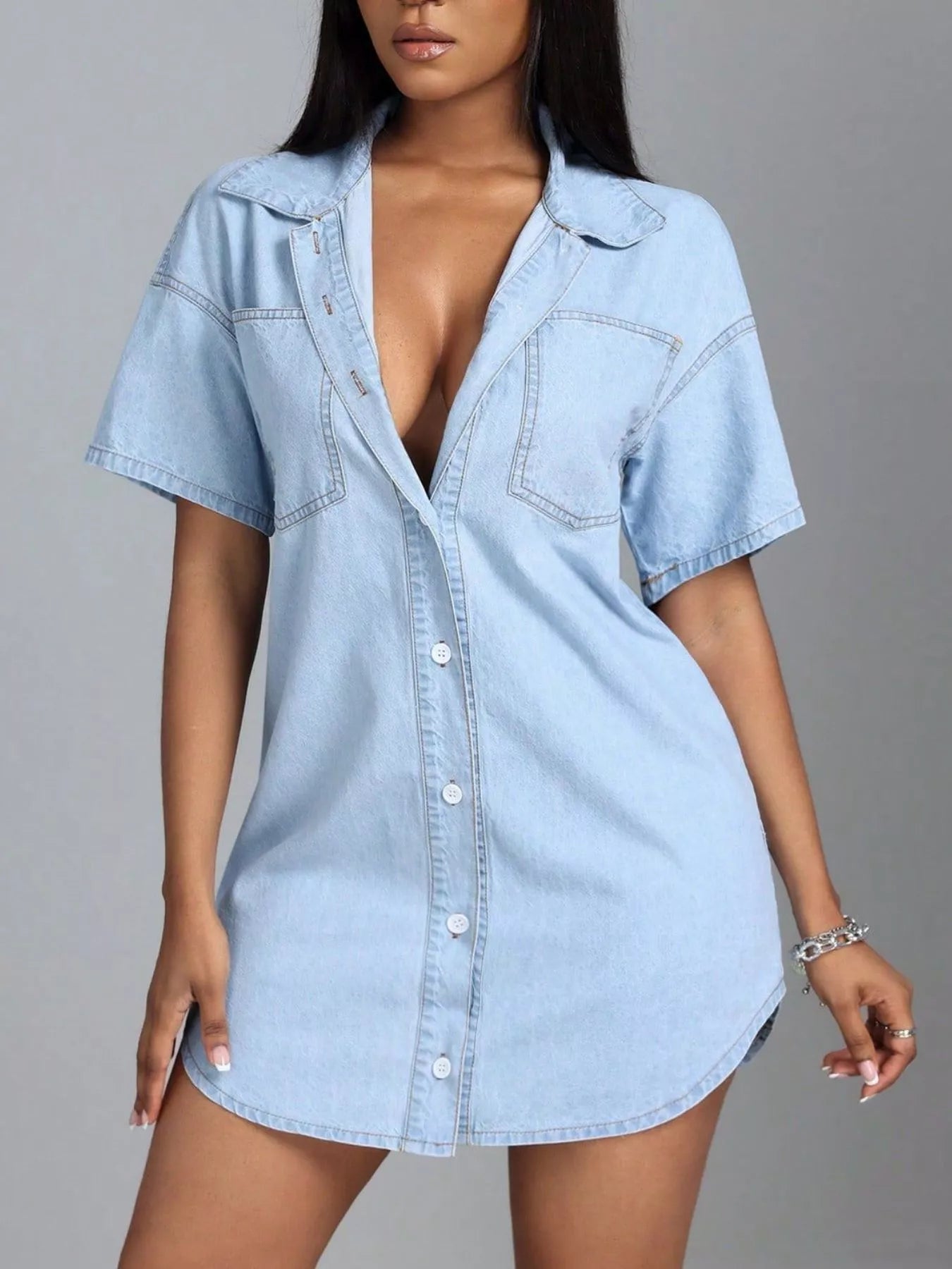 jett button down denim dress Jett Buckle Waist Mini Dress Denim Blue
