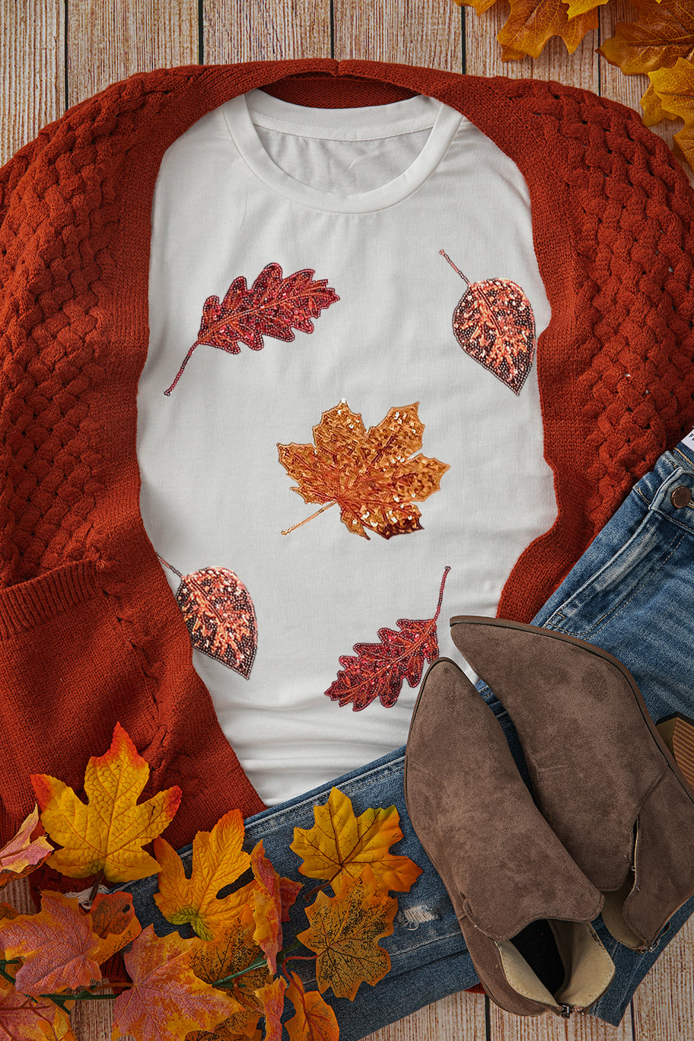 White Halloween Sequined Leaves Graphic Crew Neck T Shirt-Graphic/Graphic Tees-[Adult]-[Female]-White-S-2022 Online Blue Zone Planet