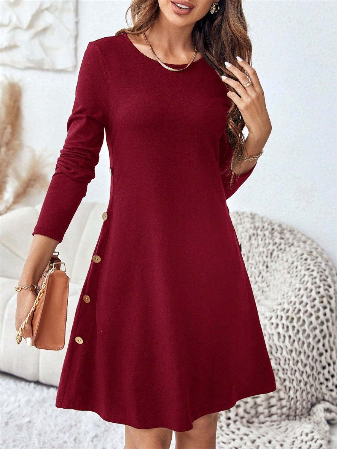 Round Neck Long Sleeve Mini Dress with Pockets-TOPS / DRESSES-[Adult]-[Female]-Burgundy-S-2022 Online Blue Zone Planet