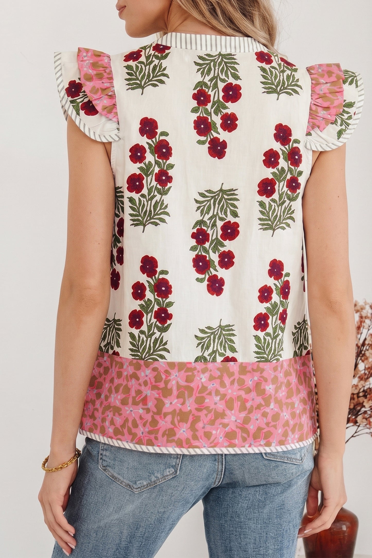 White Floral Print Contrast Striped Trim Flutter Cotton Blouse-Tops/Blouses & Shirts-[Adult]-[Female]-2022 Online Blue Zone Planet