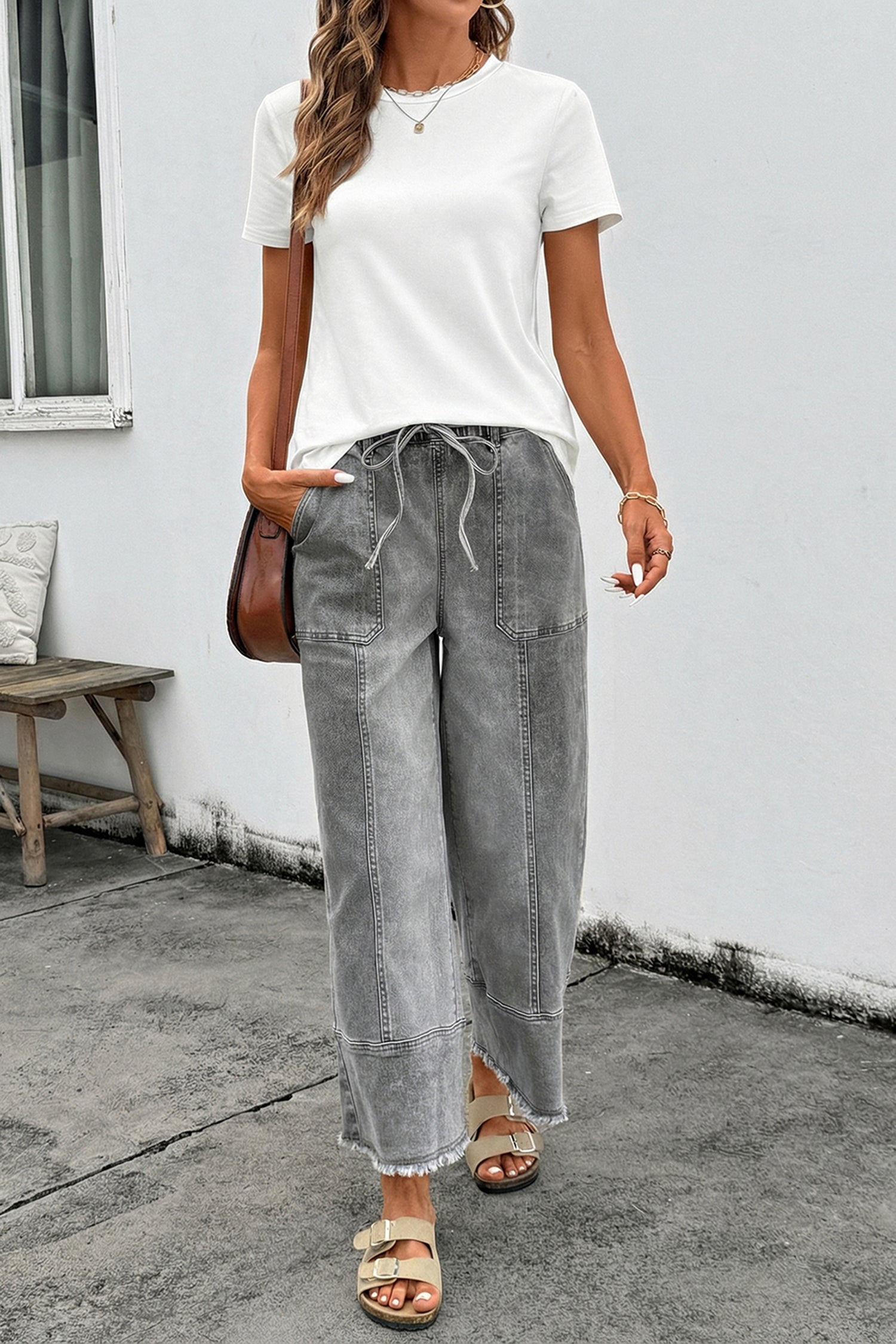 Gray Drawstring Seam Detail Raw Hem Wide Leg Denim Pants-Bottoms/Jeans-[Adult]-[Female]-2022 Online Blue Zone Planet