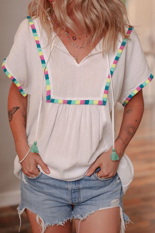White Colorful Fringed Detail Tassel Tie Neck Short Sleeve Blouse-Tops/Blouses & Shirts-[Adult]-[Female]-White-S-2022 Online Blue Zone Planet