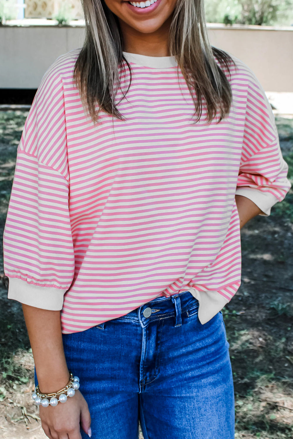 Pink Striped 3/4 Sleeve Drop Shoulder Top-Tops/Long Sleeve Tops-[Adult]-[Female]-Pink-S-2022 Online Blue Zone Planet