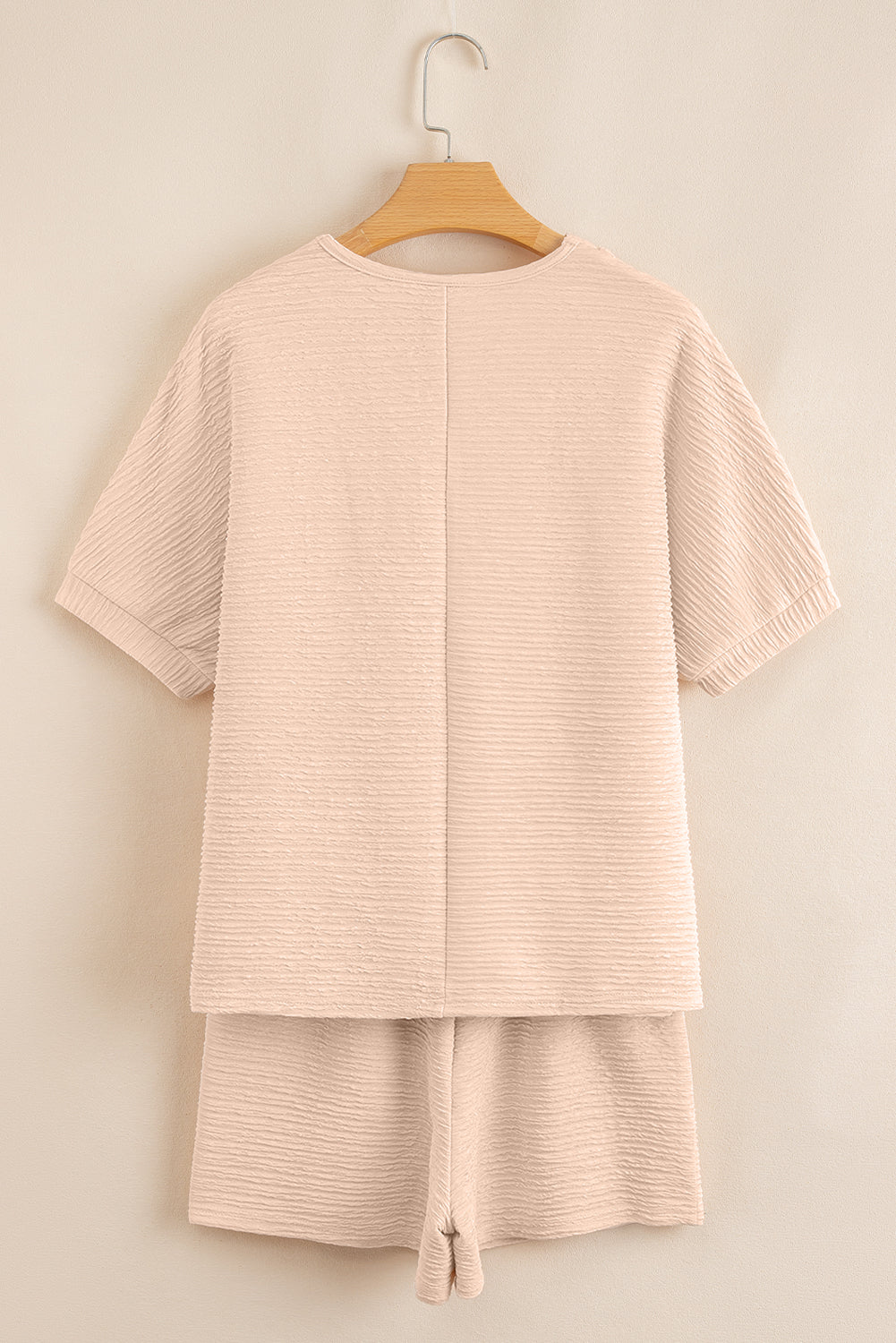 Apricot Textured V Neck T Shirt And Shorts Set-Two Piece Sets/Short Sets-[Adult]-[Female]-2022 Online Blue Zone Planet