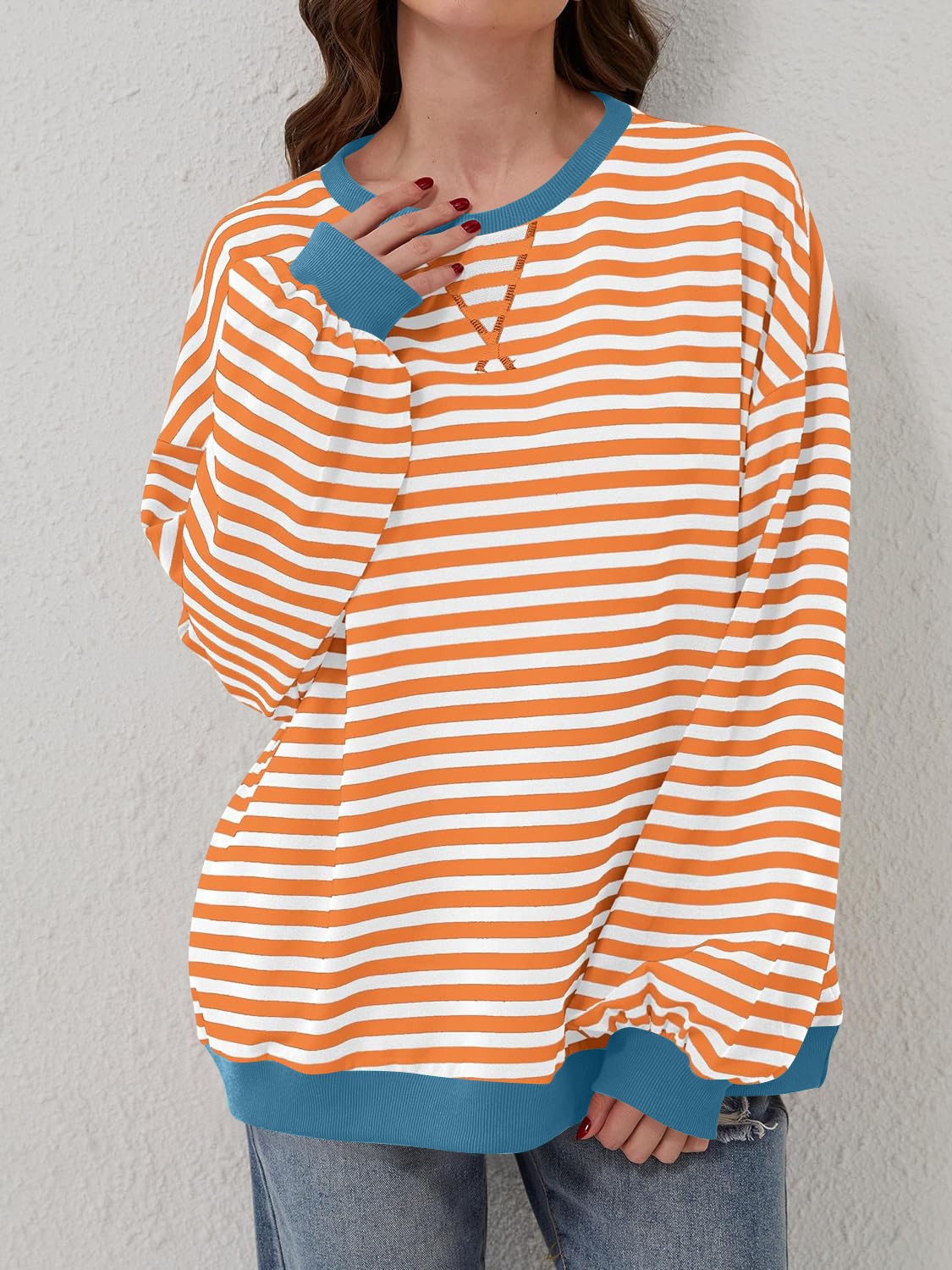 Blue Zone Planet | Lovelet Contrast Striped Long Sleeve Sweatshirt-TOPS / DRESSES-[Adult]-[Female]-Sherbet-S-2022 Online Blue Zone Planet