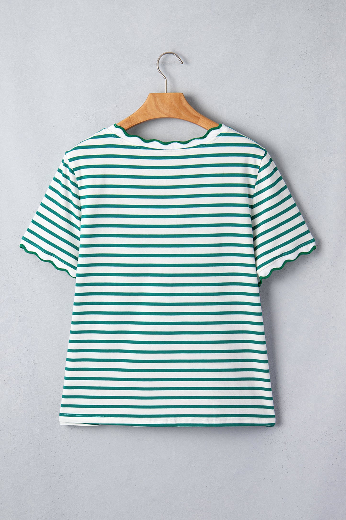 Pink Stripe Scalloped Trim Round Neck T Shirt-Tops/Tops & Tees-[Adult]-[Female]-2022 Online Blue Zone Planet