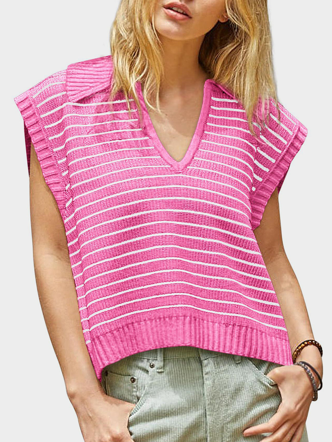 Blue Zone Planet | Mandy Collared Neck Striped Sweater Vest-TOPS / DRESSES-[Adult]-[Female]-2022 Online Blue Zone Planet