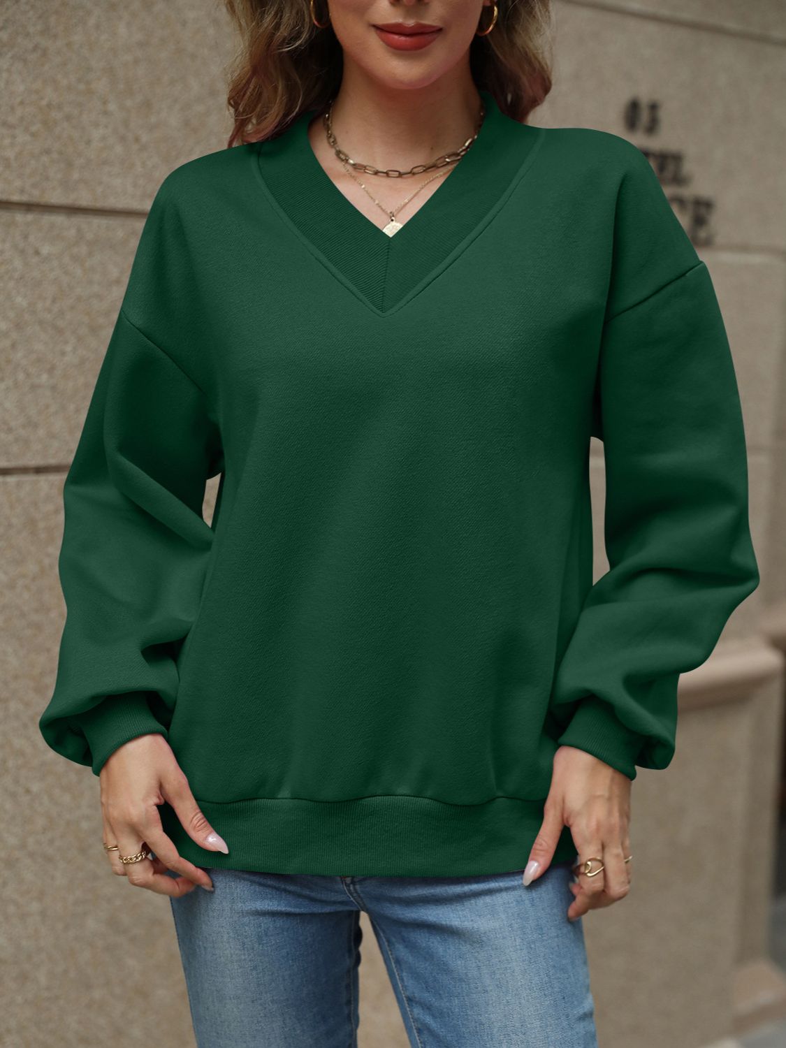 V-Neck Long Sleeve Dropped Shoulder Sweatshirt-TOPS / DRESSES-[Adult]-[Female]-2022 Online Blue Zone Planet