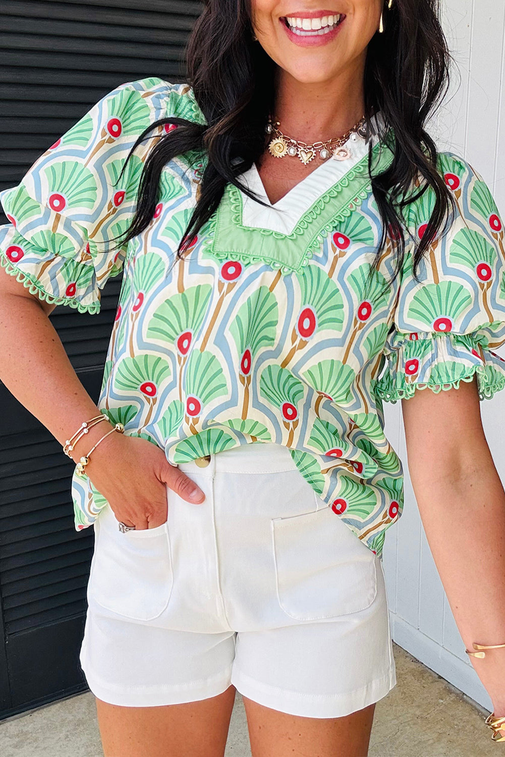 Green Floral Print Ricrac Trim Contrast V Neck Bubble Sleeve Summer Blouse-Tops/Blouses & Shirts-[Adult]-[Female]-Green-S-2022 Online Blue Zone Planet