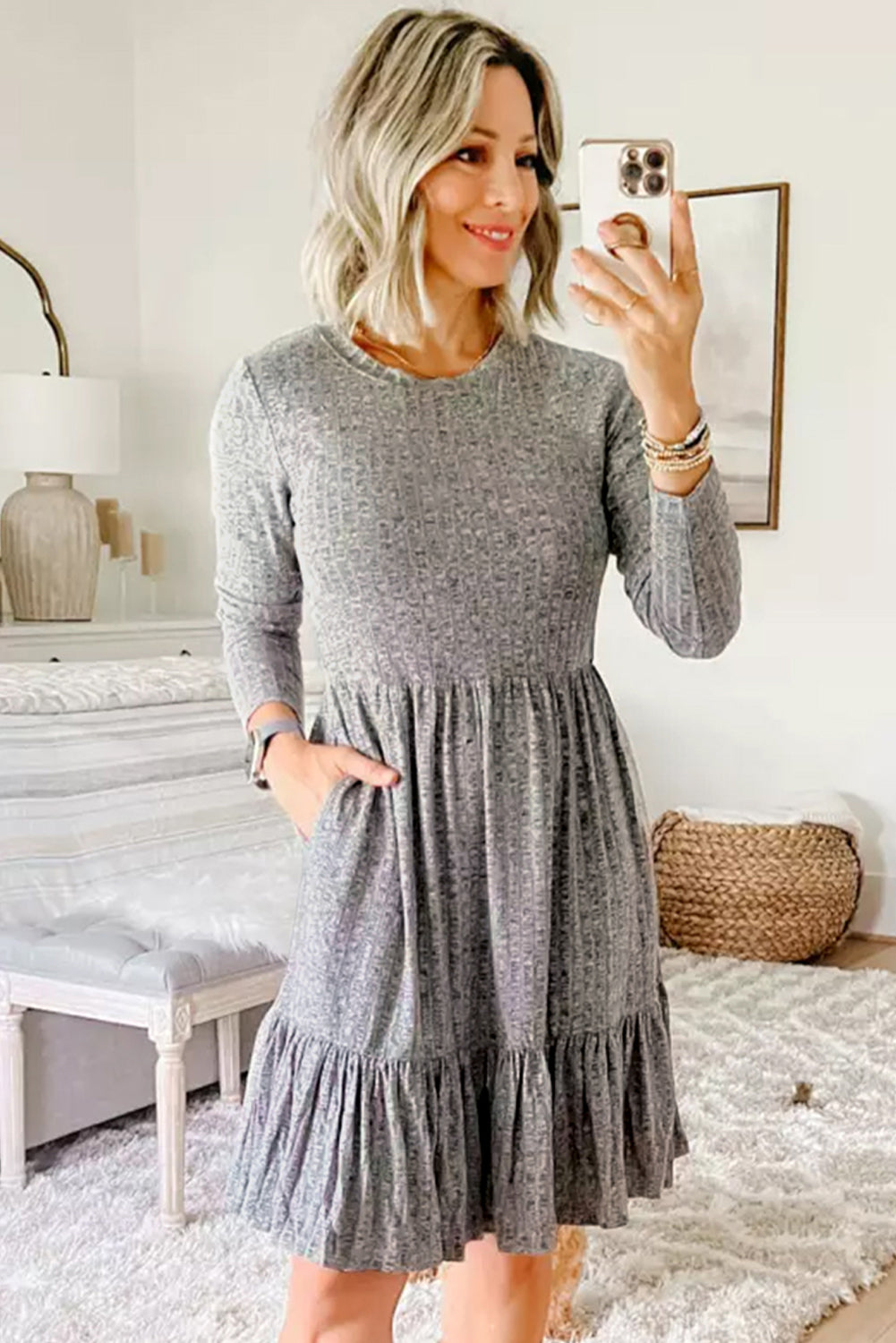 Gray Pinstriped Textured Ruffled A-line Midi Dress Blue Zone Planet