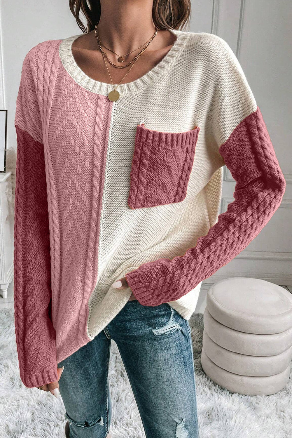 Blue Zone Planet | Color Block Round Neck Long Sleeve Sweater-TOPS / DRESSES-[Adult]-[Female]-Dusty Pink-L-2022 Online Blue Zone Planet